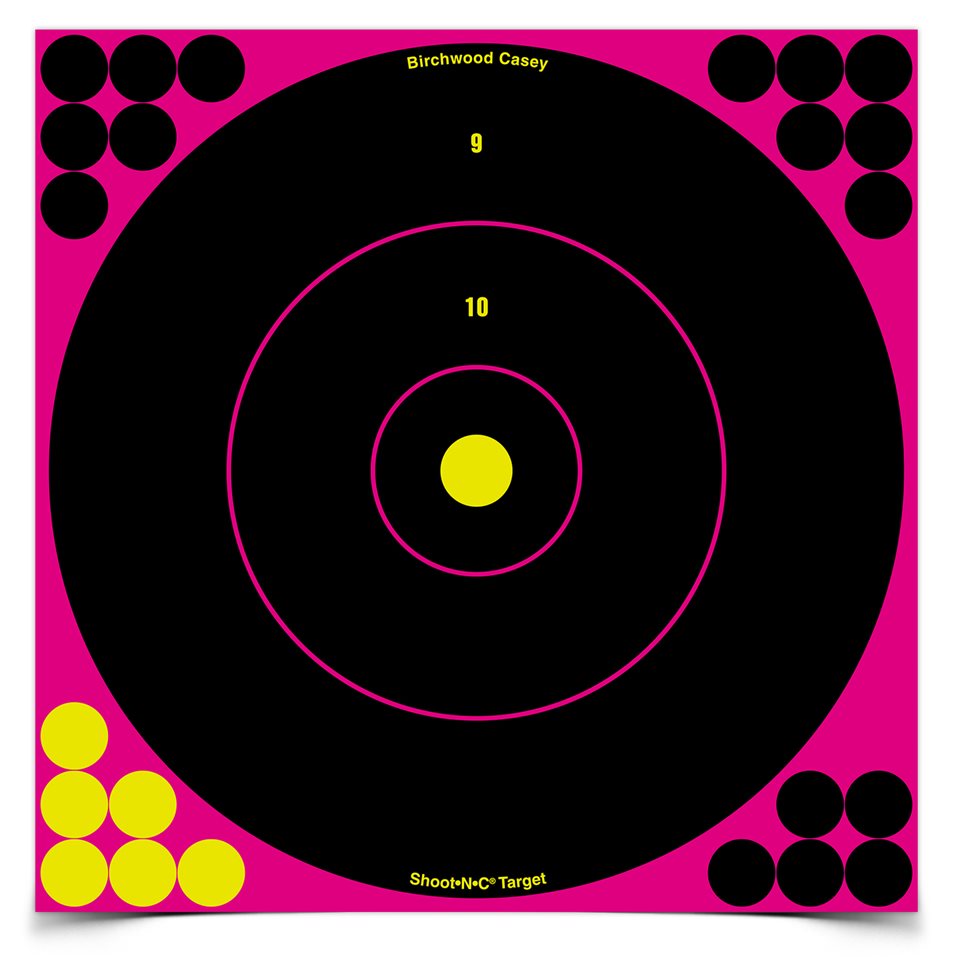 Birchwood Casey SHOOT-N-C BC-34027 – pinke 12-Zoll-Zielscheibe mit Bullseye und Reparaturpflastern