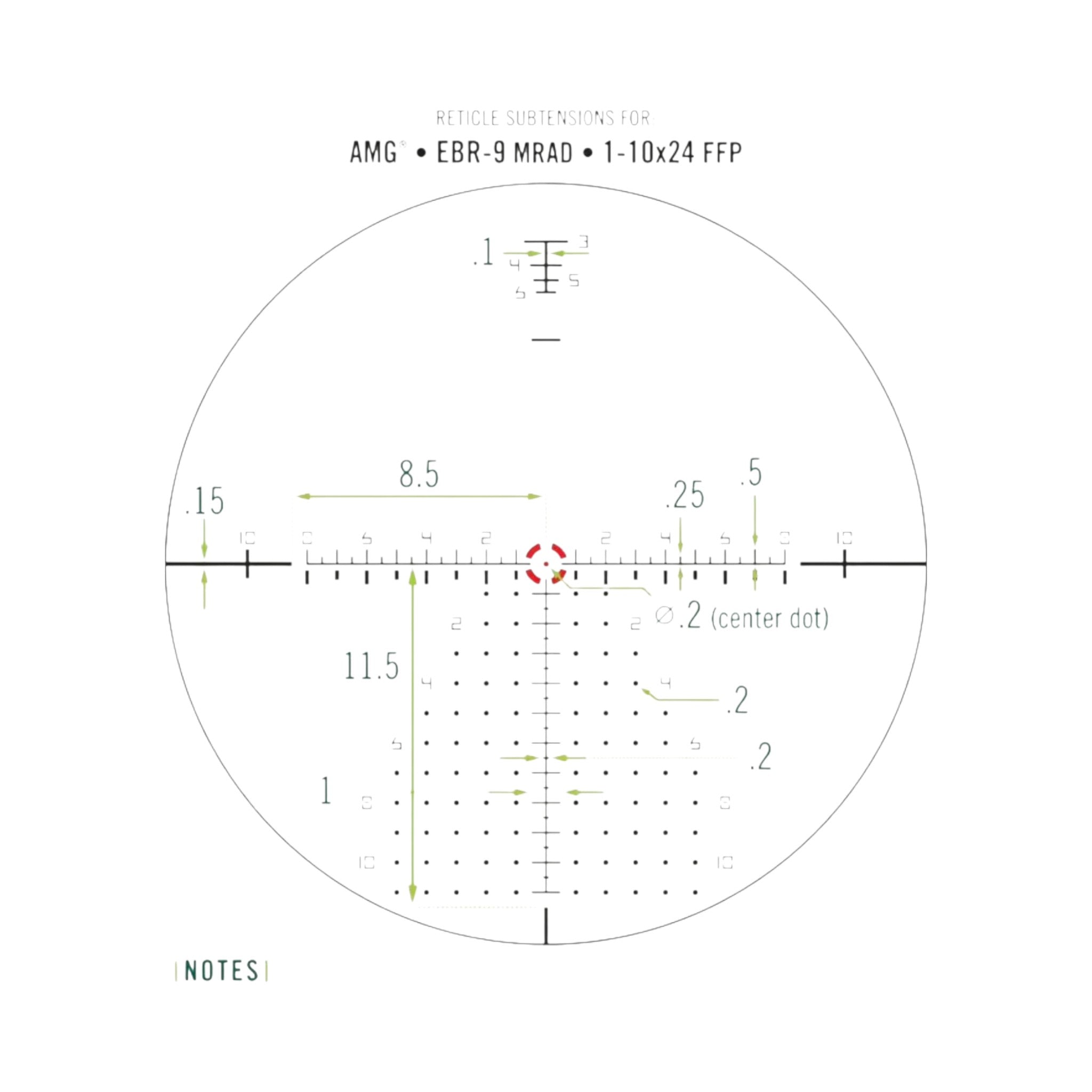 Black Raptor Vortex AMG EBR-9 MRAD reticle diagram showing detailed subtensions for precision aiming and holdovers