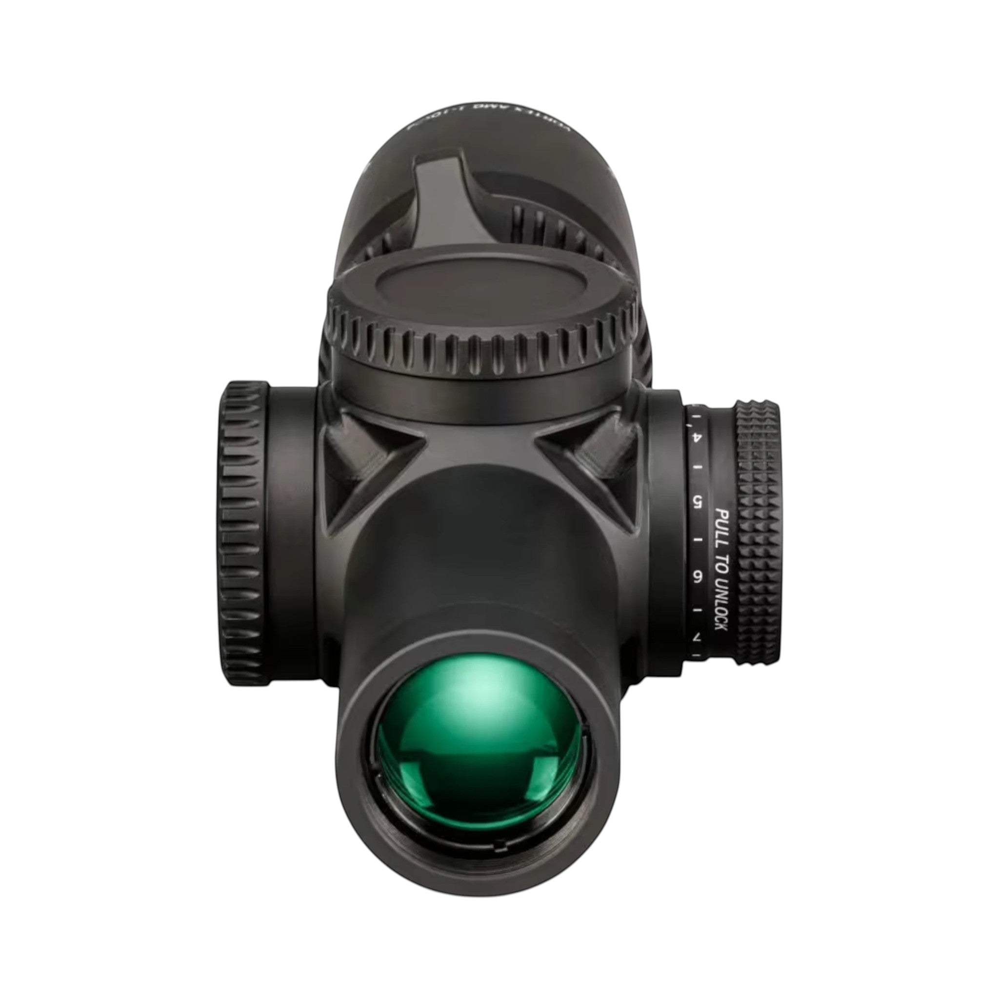 Black Raptor Vortex AMG 1-10x24 FFP rifle scope viewed from the front, showing the 34mm tube and green lens coating.