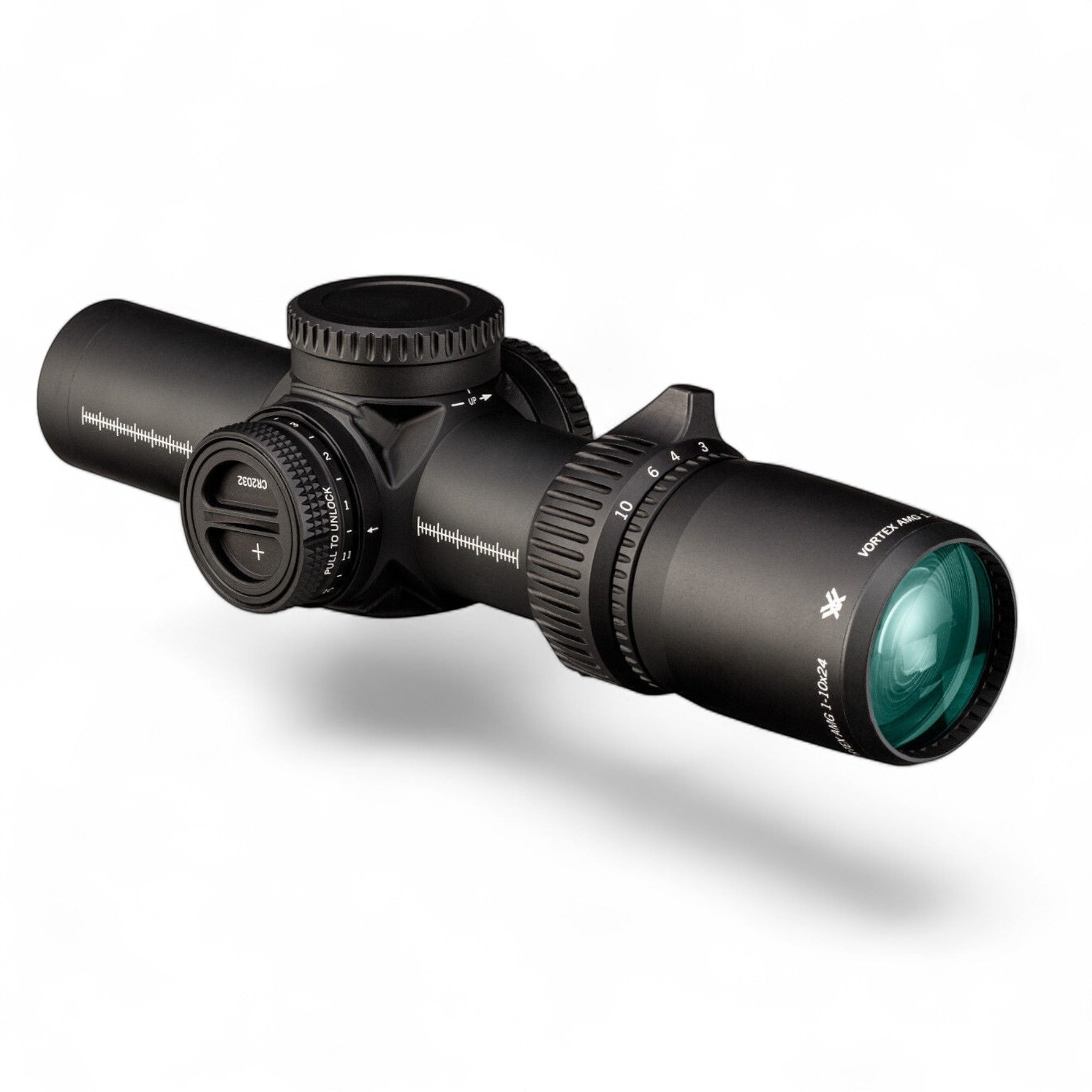 Black Raptor Vortex AMG 1-10x24 FFP rifle scope with EBR-9 MRAD reticle, featuring a compact black 34mm tube design.