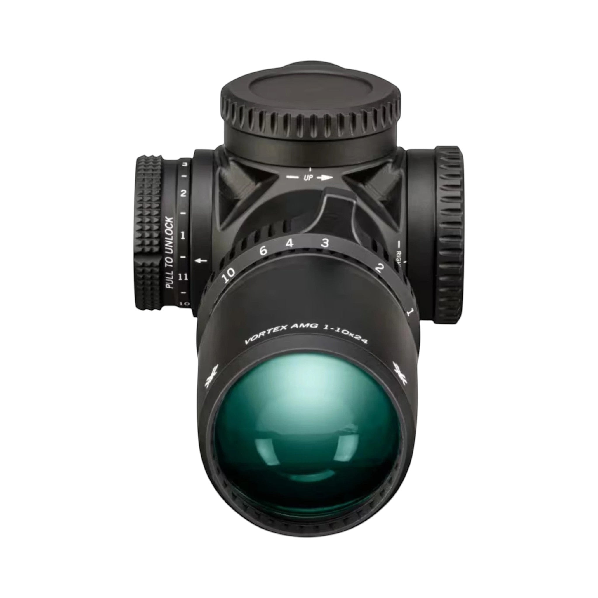Black Raptor Vortex AMG 1-10x24 FFP rifle scope, front view showing the 24mm objective lens and adjustment turrets.