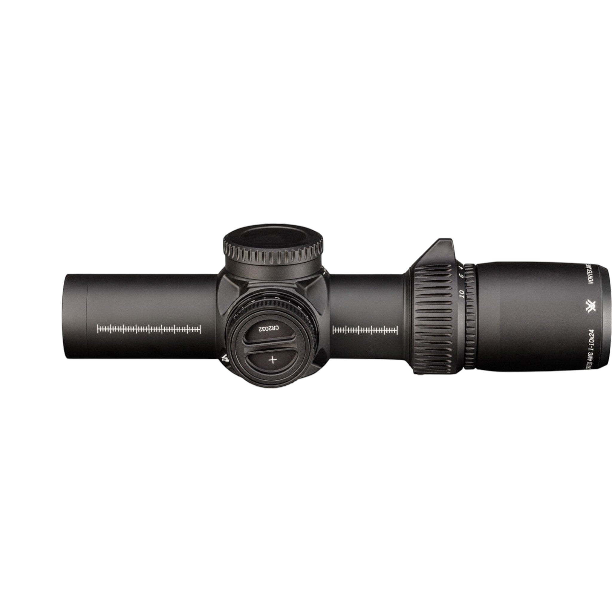 Black Raptor Vortex AMG 1-10x24 FFP rifle scope in matte black with integrated throw lever and dual zero turrets