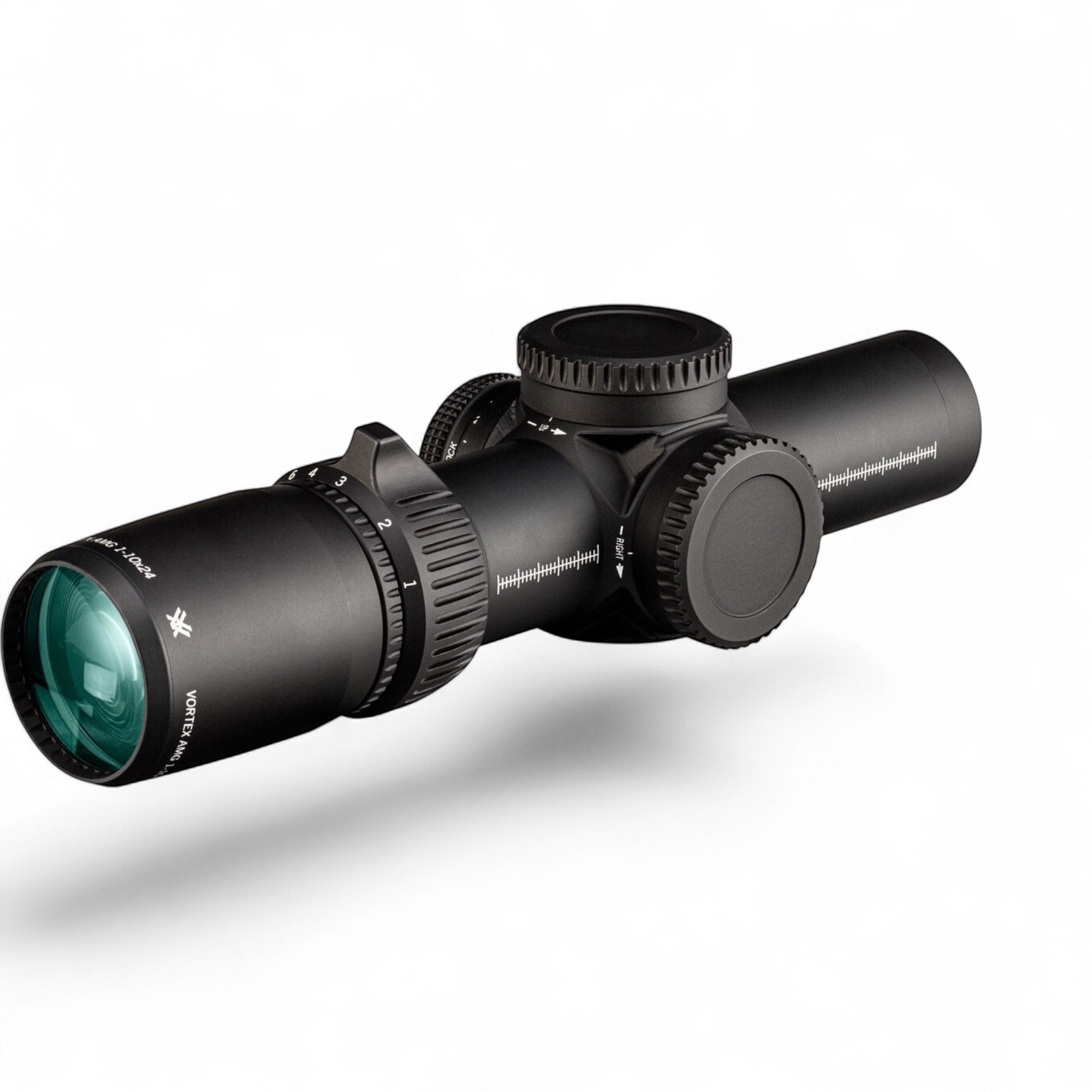 Black Raptor Vortex AMG 1-10x24 FFP rifle scope with EBR-9 MRAD reticle, featuring a compact 34mm tube and throw lever.