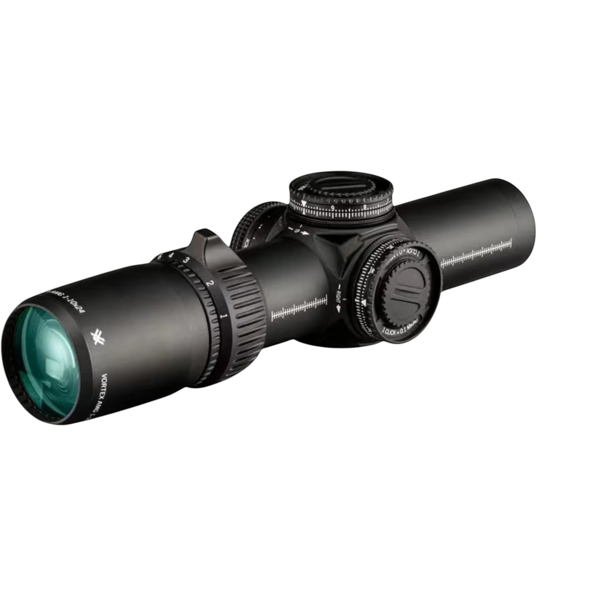 Black Raptor Vortex AMG 1-10x24 FFP rifle scope with black finish, integrated throw lever, and MRAD adjustment turrets