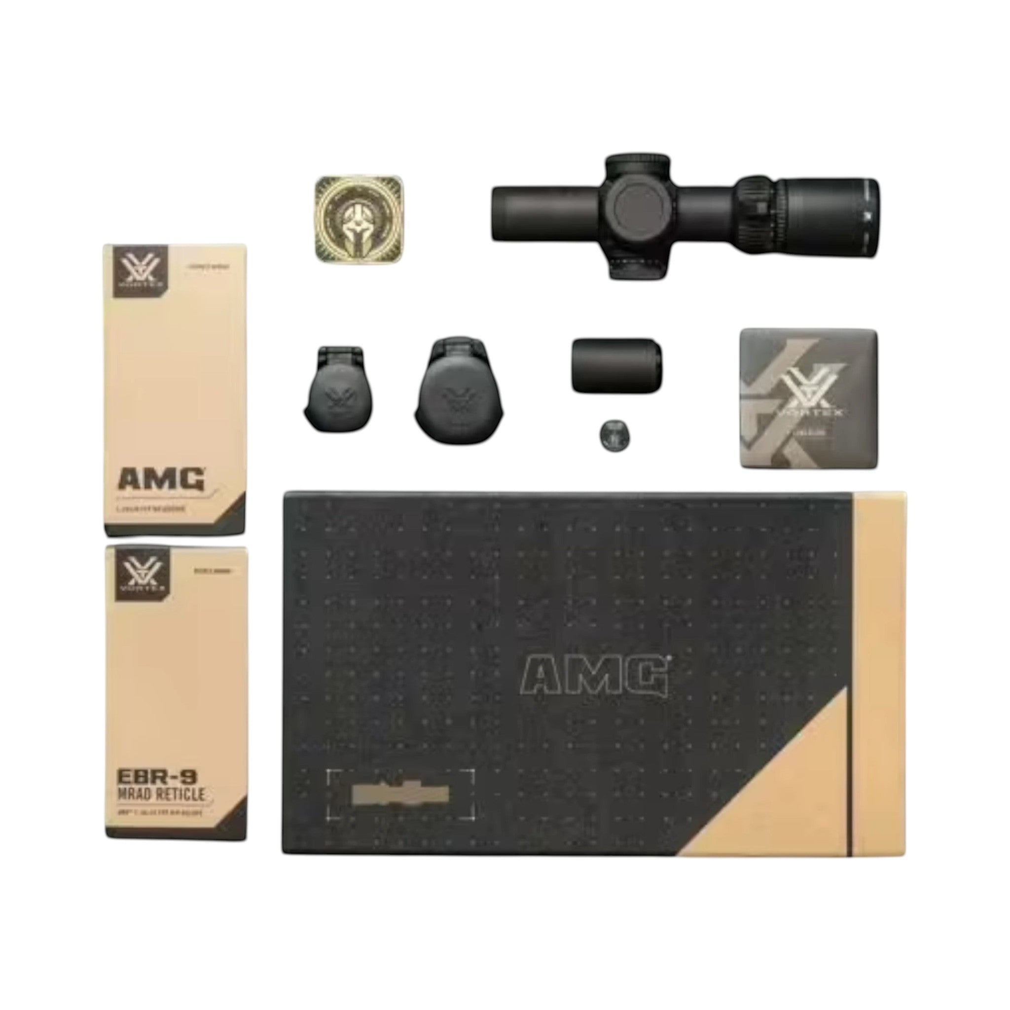 Black Raptor Vortex AMG 1-10x24 FFP scope set with EBR-9 MRAD reticle, lens caps, sunshade, and accessories in box