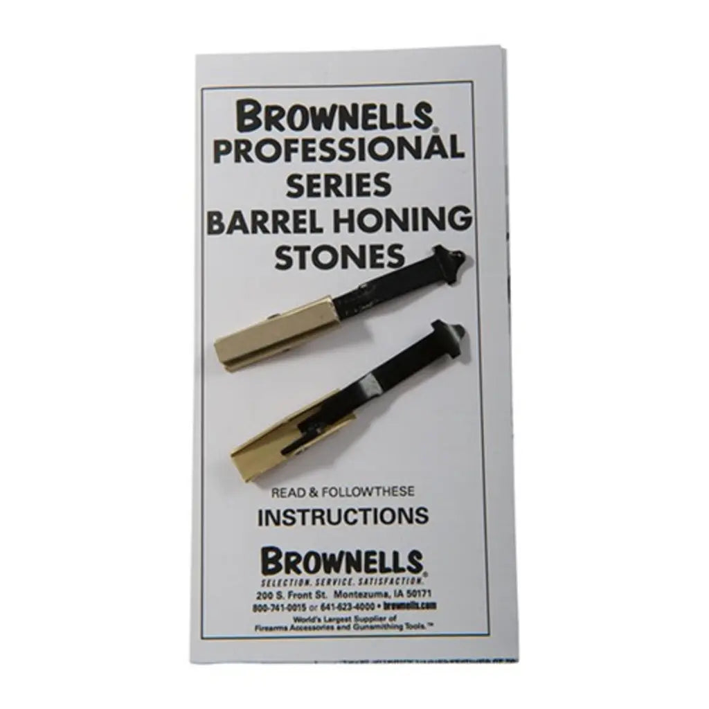 BROWNELLS Lauf-Honsteine 500er-Körnung – zwei hellbraune Honsteine mit Stahlarmen und Anleitung