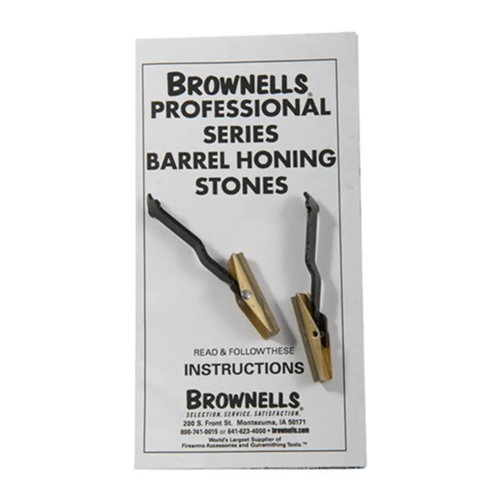 BROWNELLS Lauf-Honsteine 150er-Körnung – zwei dunkelbraune Honsteine zusammen mit Anleitung
