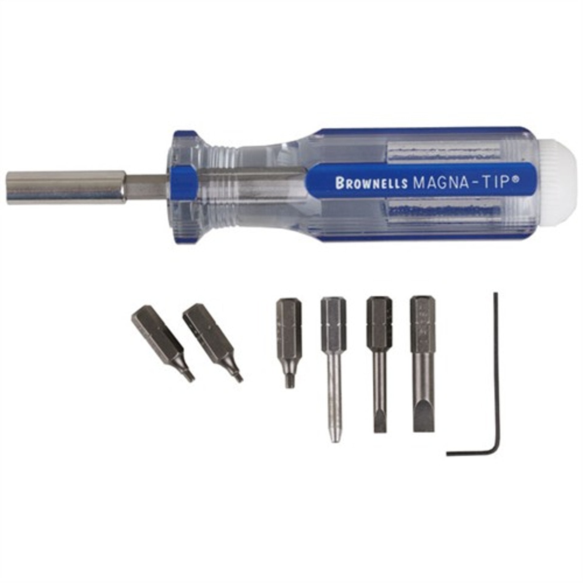 BROWNELLS MAGNA-TIP Schraubendreher-Set für 1911 mit blauem Hohlgriff, sechs Bits und Innensechskantschlüssel