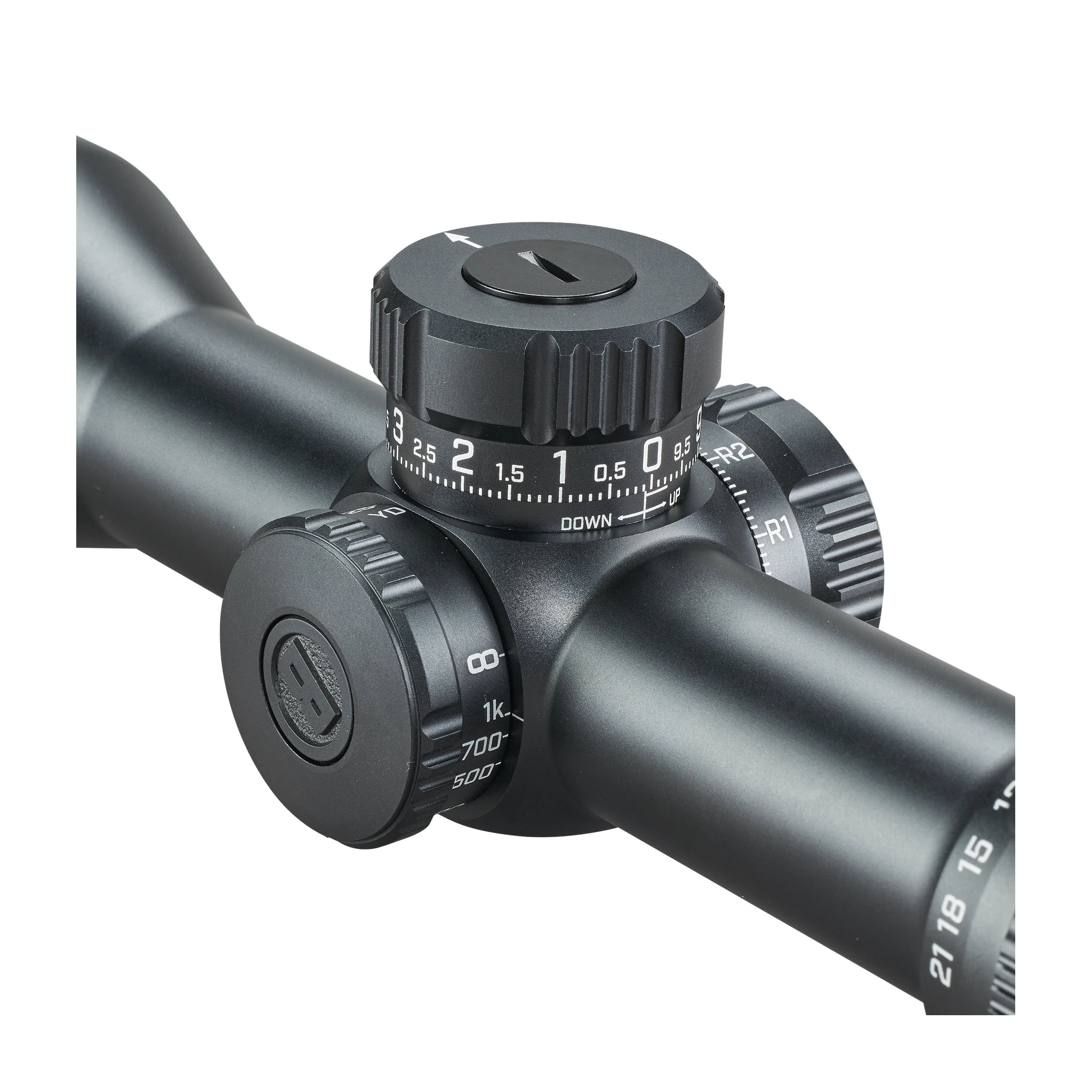 Bushnell Elite Tactical DMR3 3,5–21×50 EQL – Detail von Höhen-, Seiten- und Parallaxenregler