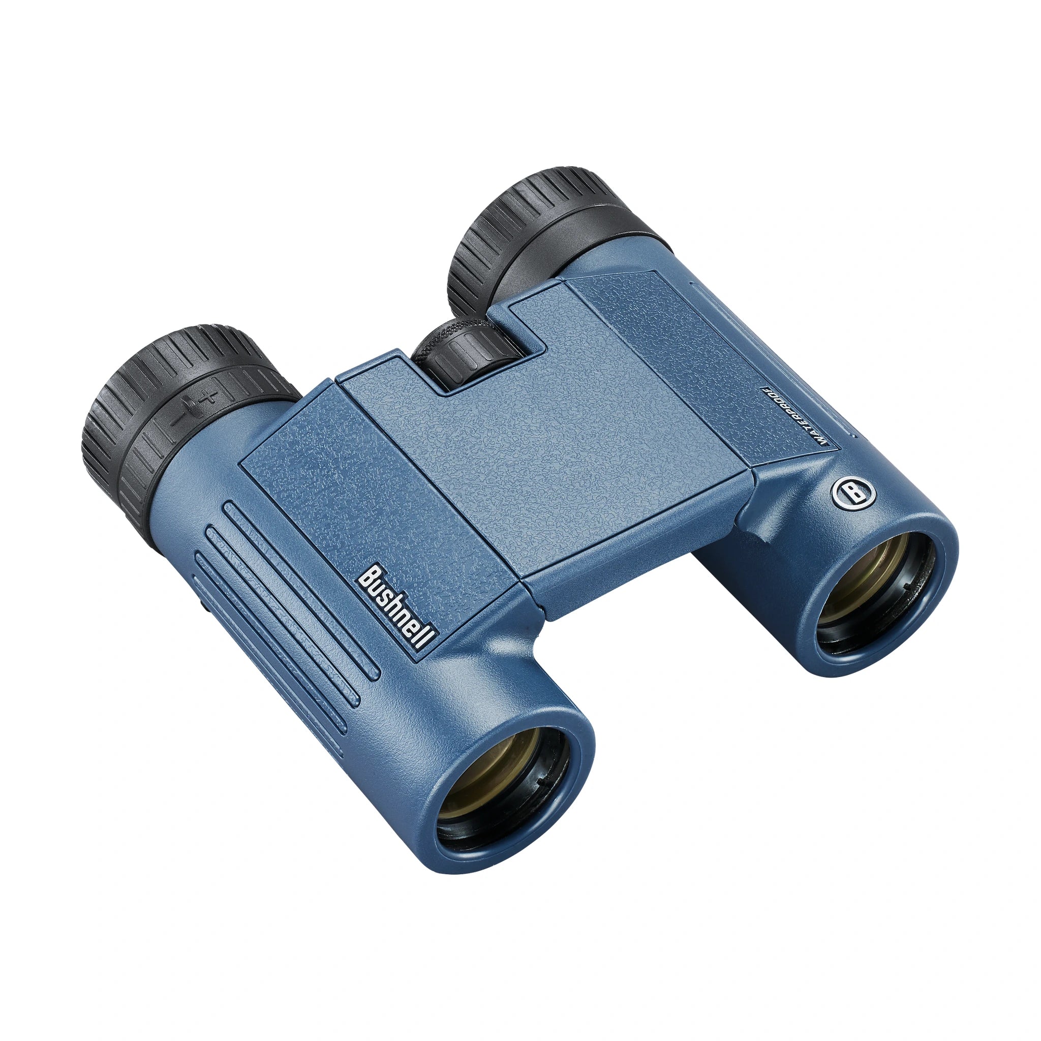 Bushnell H2O 10×25 Fernglas in dunkelblauer schräger Vorderansicht
