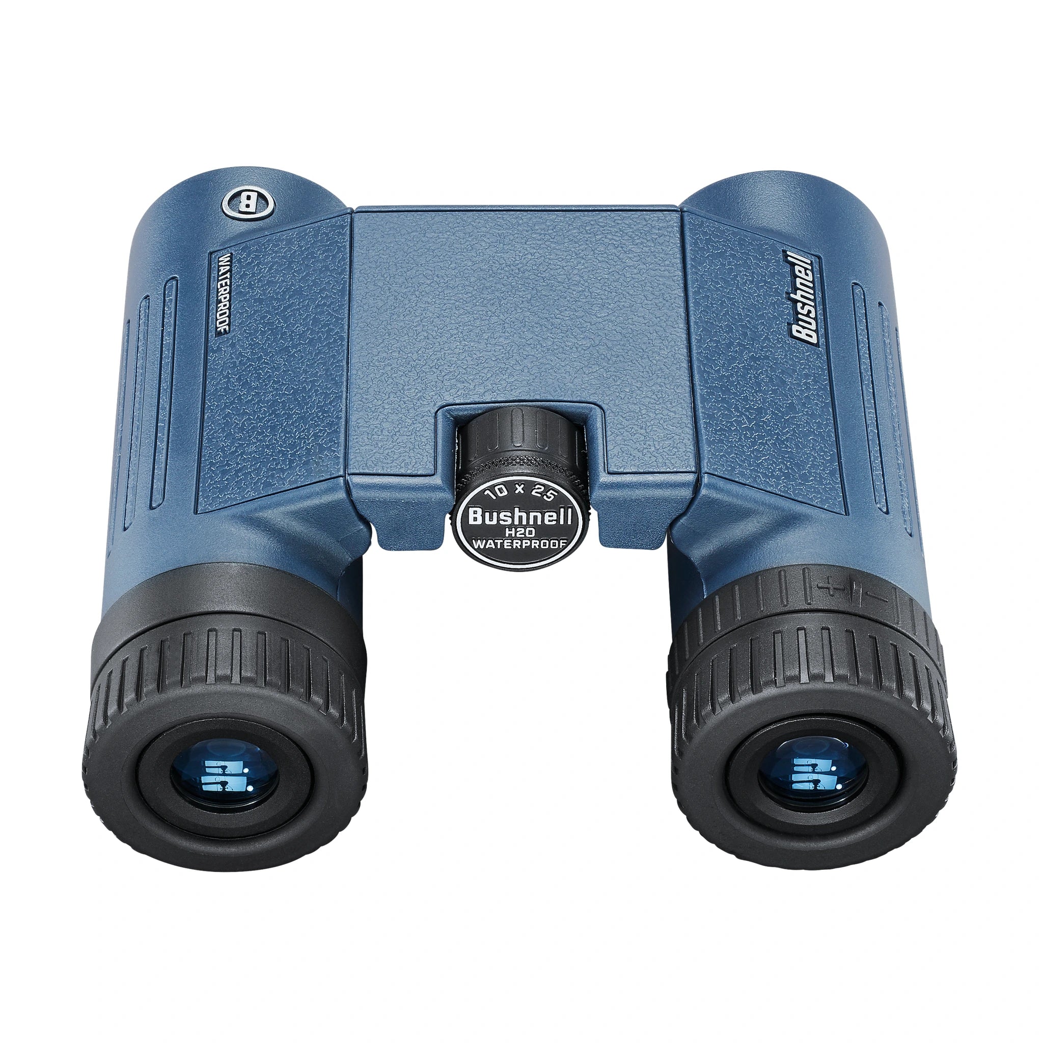 Bushnell H2O 10×25 mit Okularen, Mitteltrieb und Modellkennzeichnung