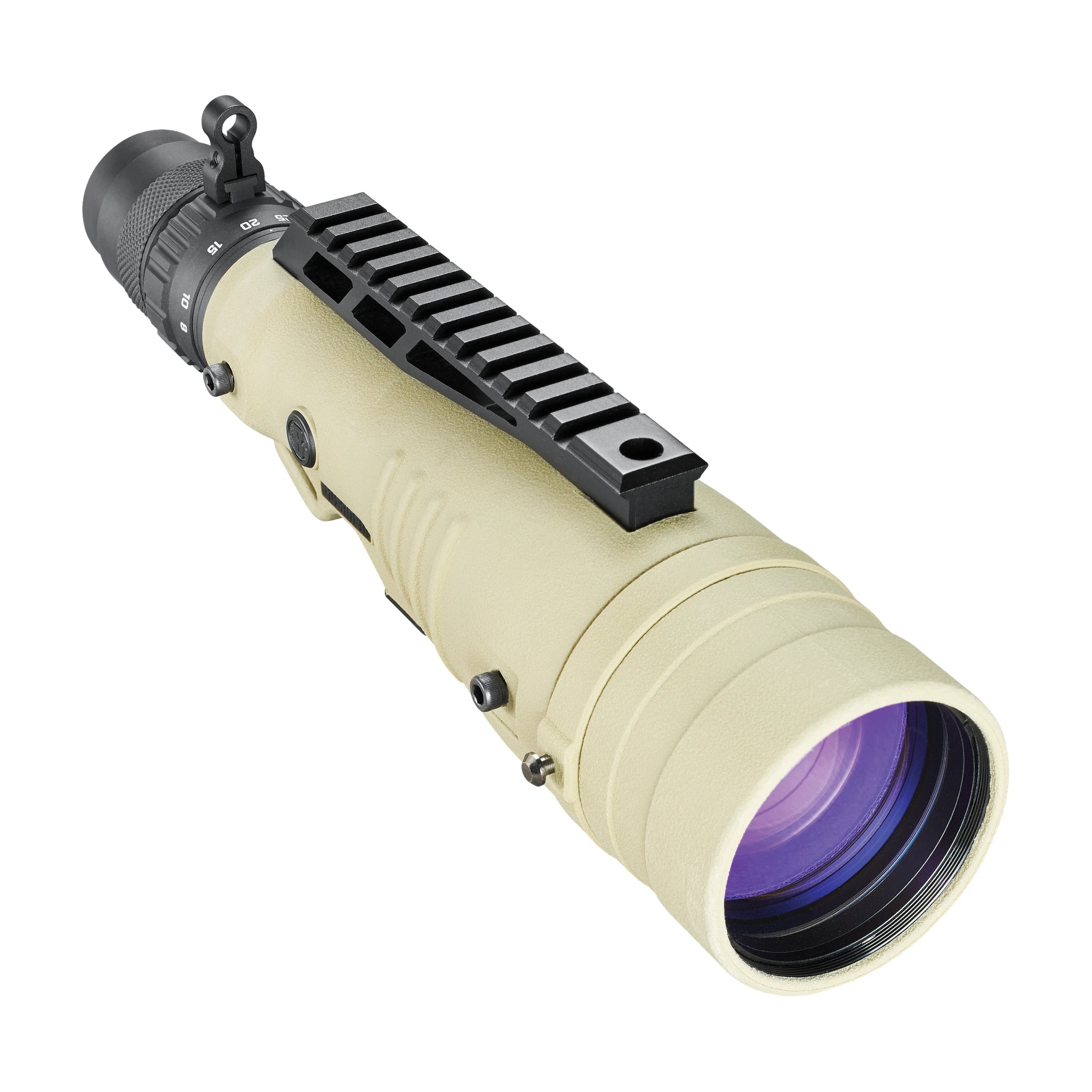 Bushnell Elite Tactical LMSS2 8–40×60 H322 in FDE mit Zubehörschiene – schräge Frontansicht
