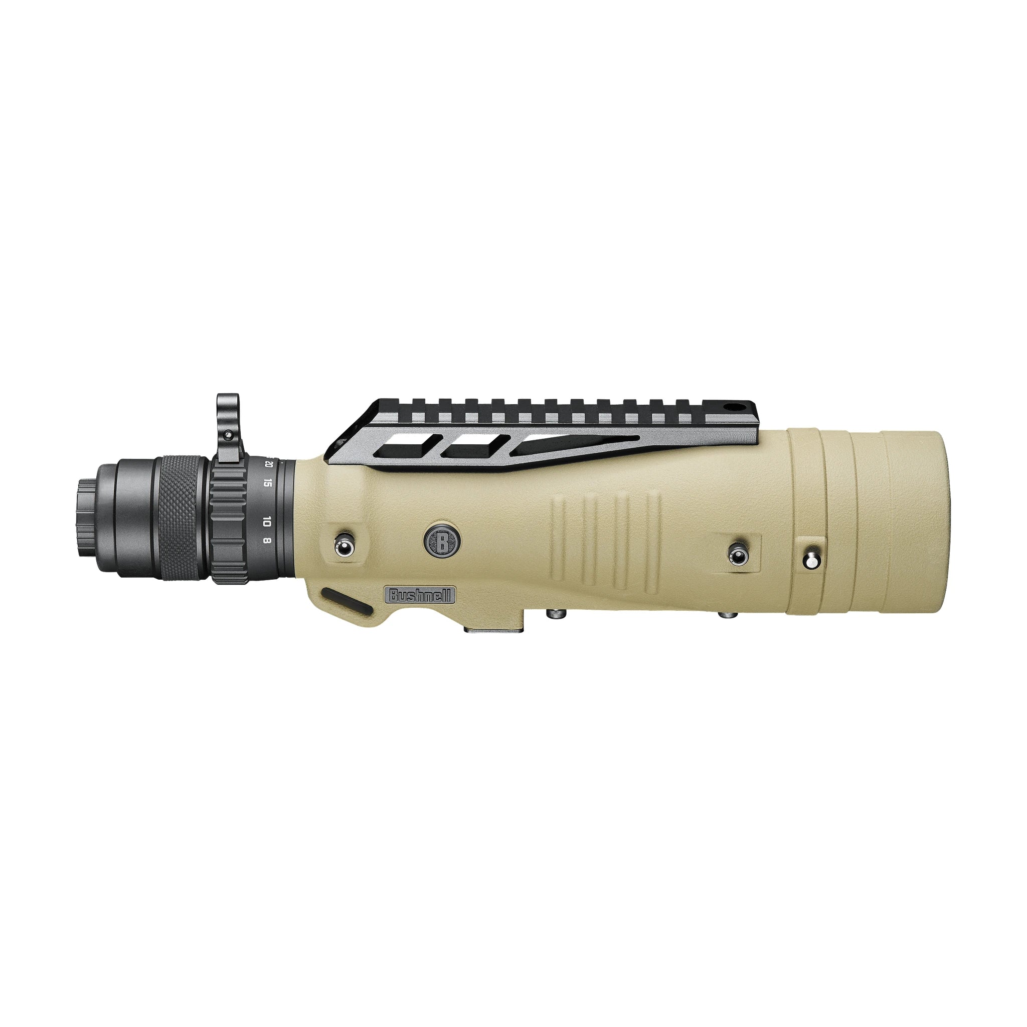 Bushnell Elite Tactical LMSS2 8–40×60 TREMOR4 – vollständige Seitenansicht in FDE mit Zubehörschiene