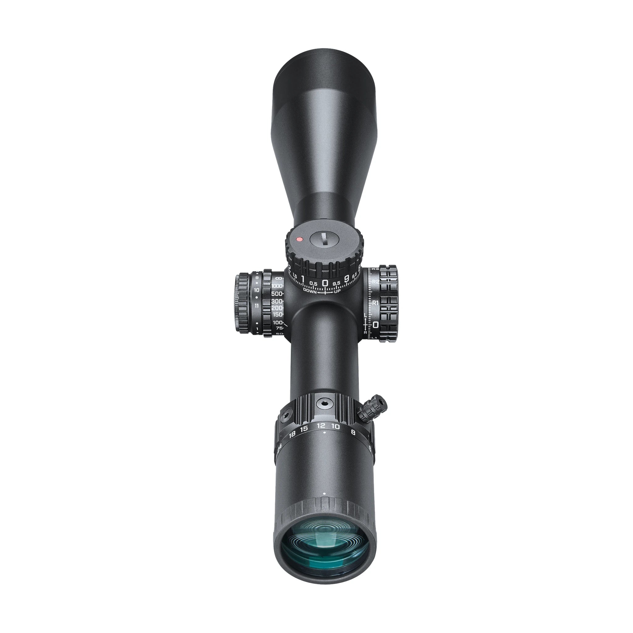 Bushnell Match Pro ED 5–30×56 – Ansicht vom Okular auf Verstelltürme und Objektiv