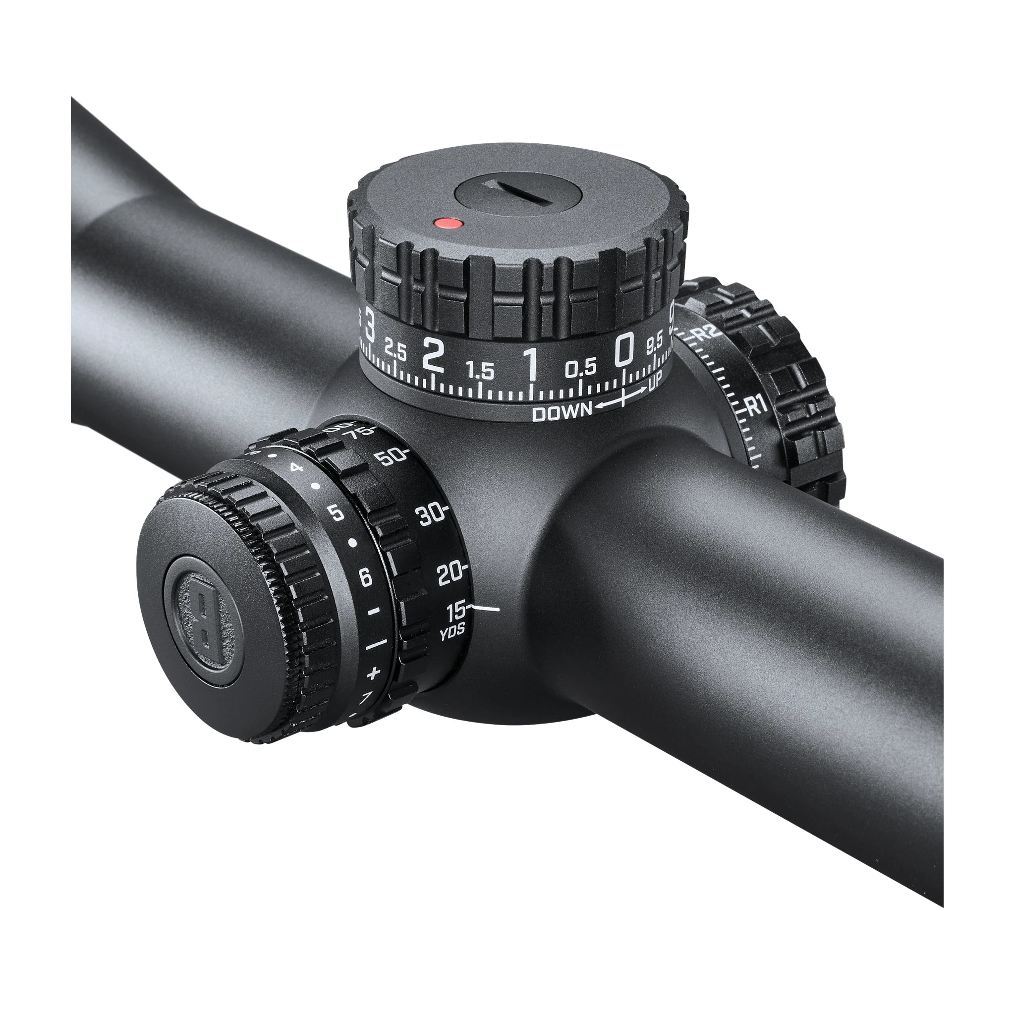 Bushnell Match Pro ED 5–30×56 – Detail von Parallaxenausgleich und Beleuchtungsregler