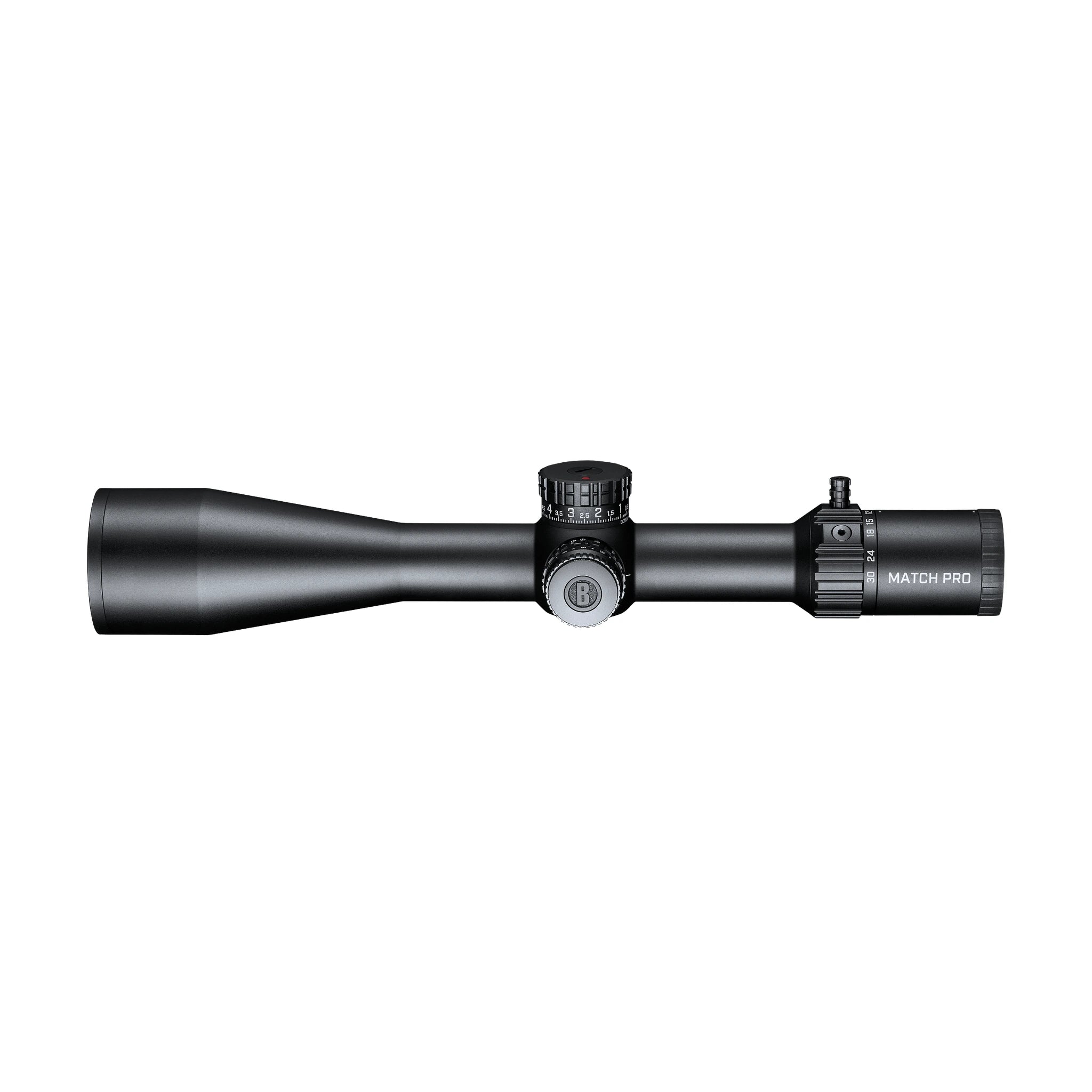 Bushnell Match Pro ED 5–30×56 – Linke Seitenansicht mit Parallaxen- und Beleuchtungsregler