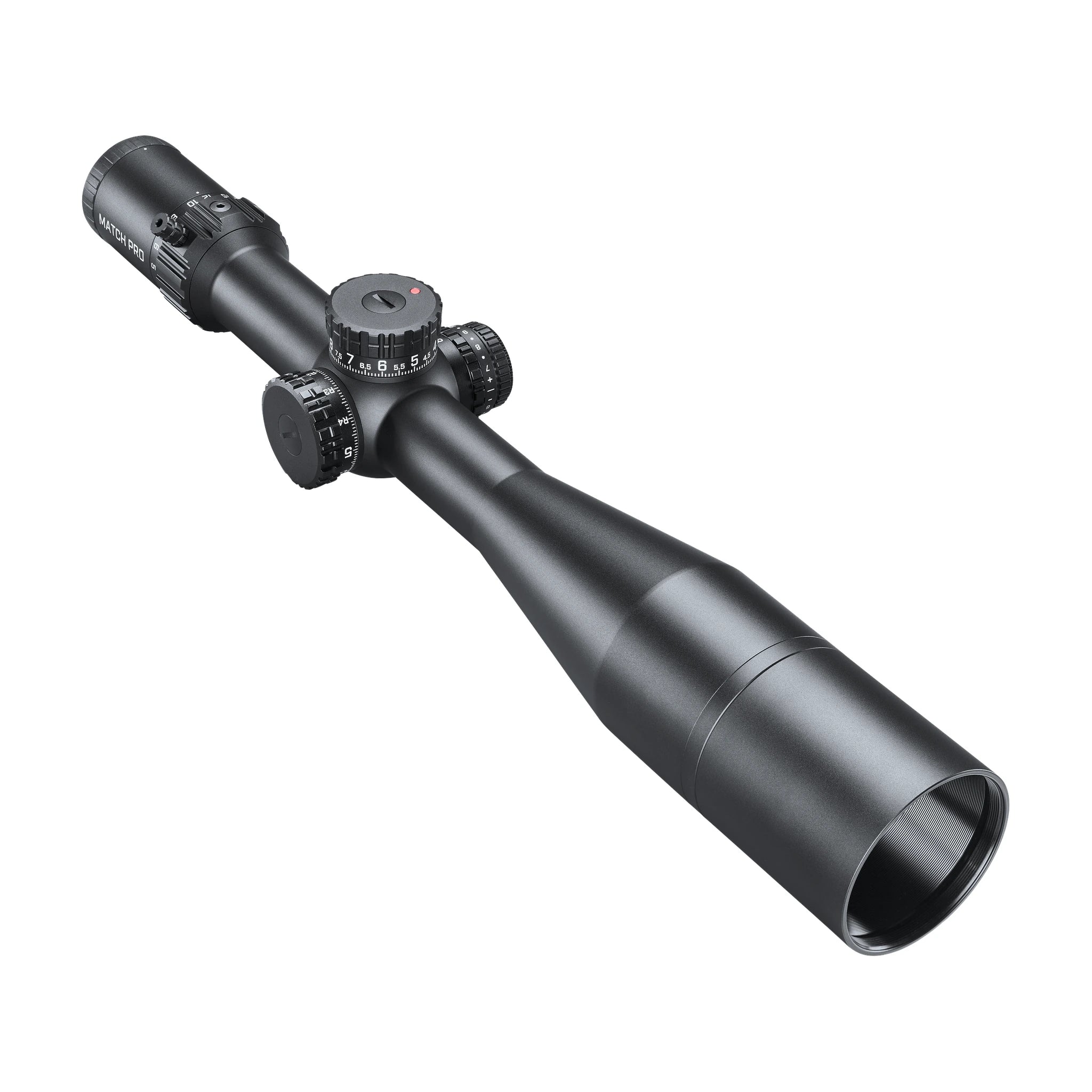 Bushnell Match Pro ED 5–30×56 – Schrägansicht mit angesetzter Sonnenblende
