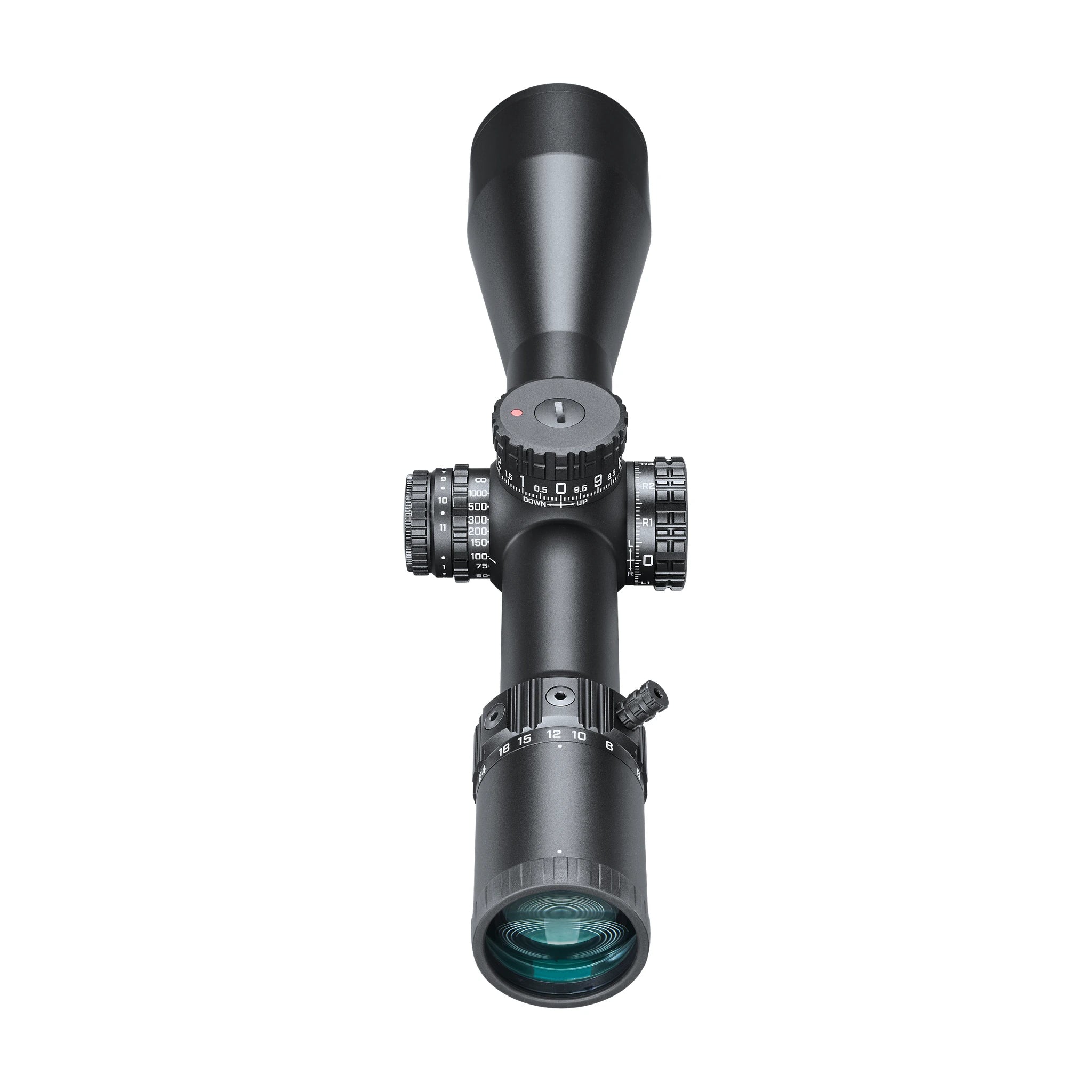 Bushnell Match Pro ED 5–30×56 – Ansicht vom Okular auf Verstelltürme und Objektiv