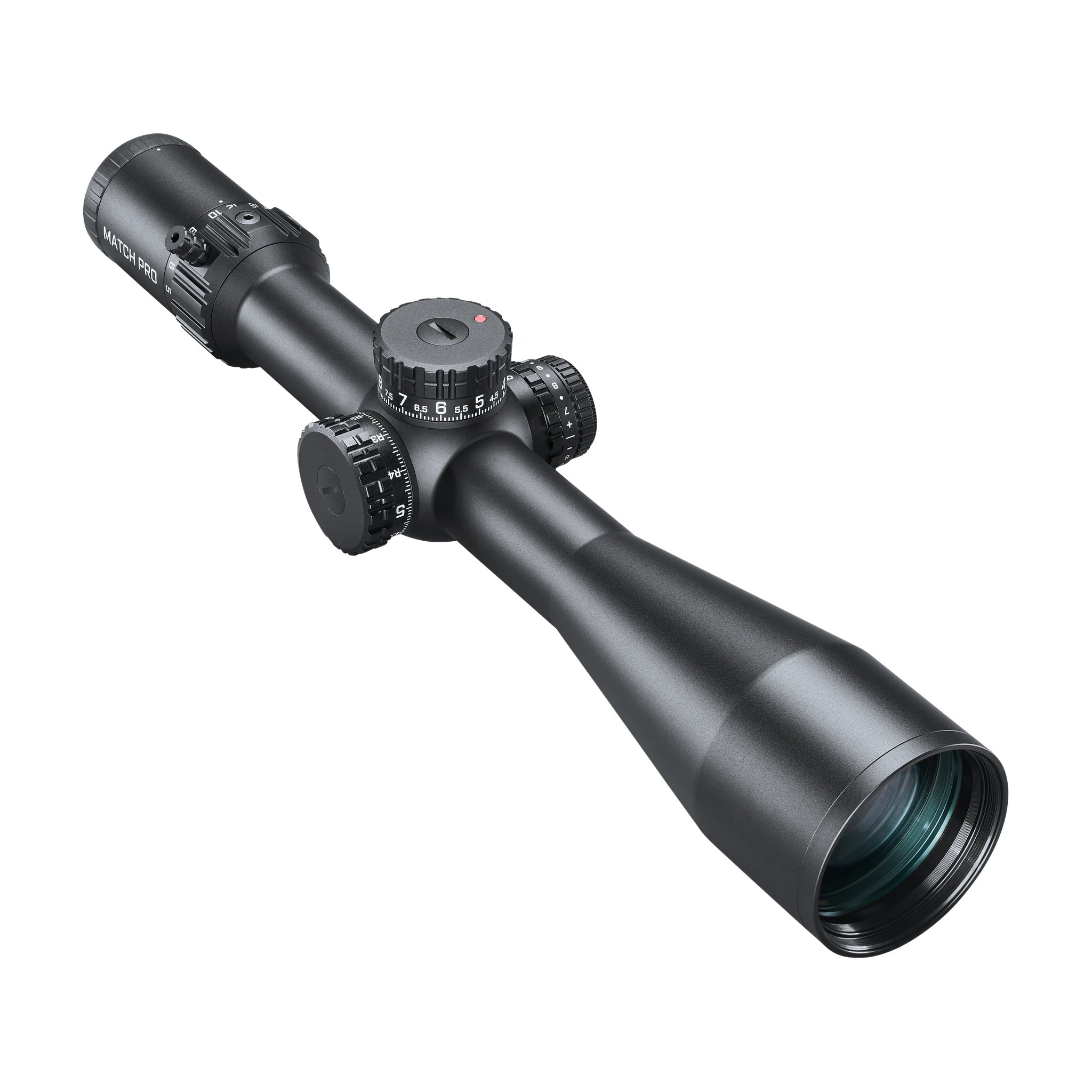 Bushnell Match Pro ED 5–30×56 – Schrägansicht mit Objektiv und Verstelltürmen