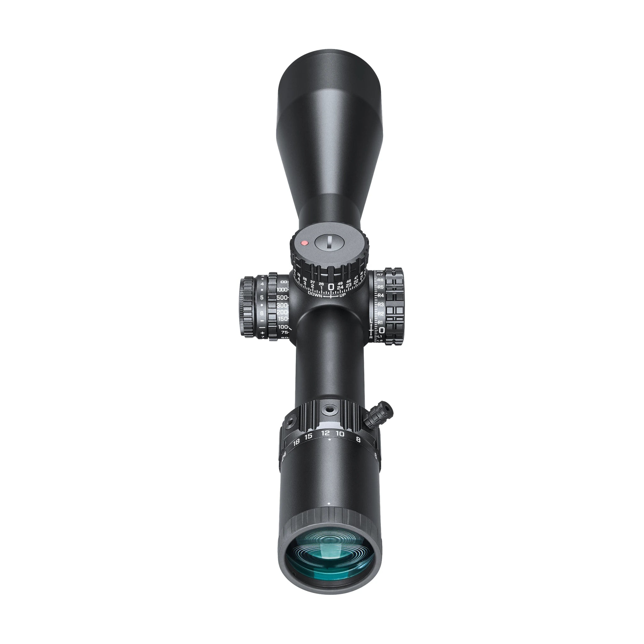 Bushnell Match Pro ED 5–30×56 – Ansicht vom Okular auf Verstelltürme und Objektiv