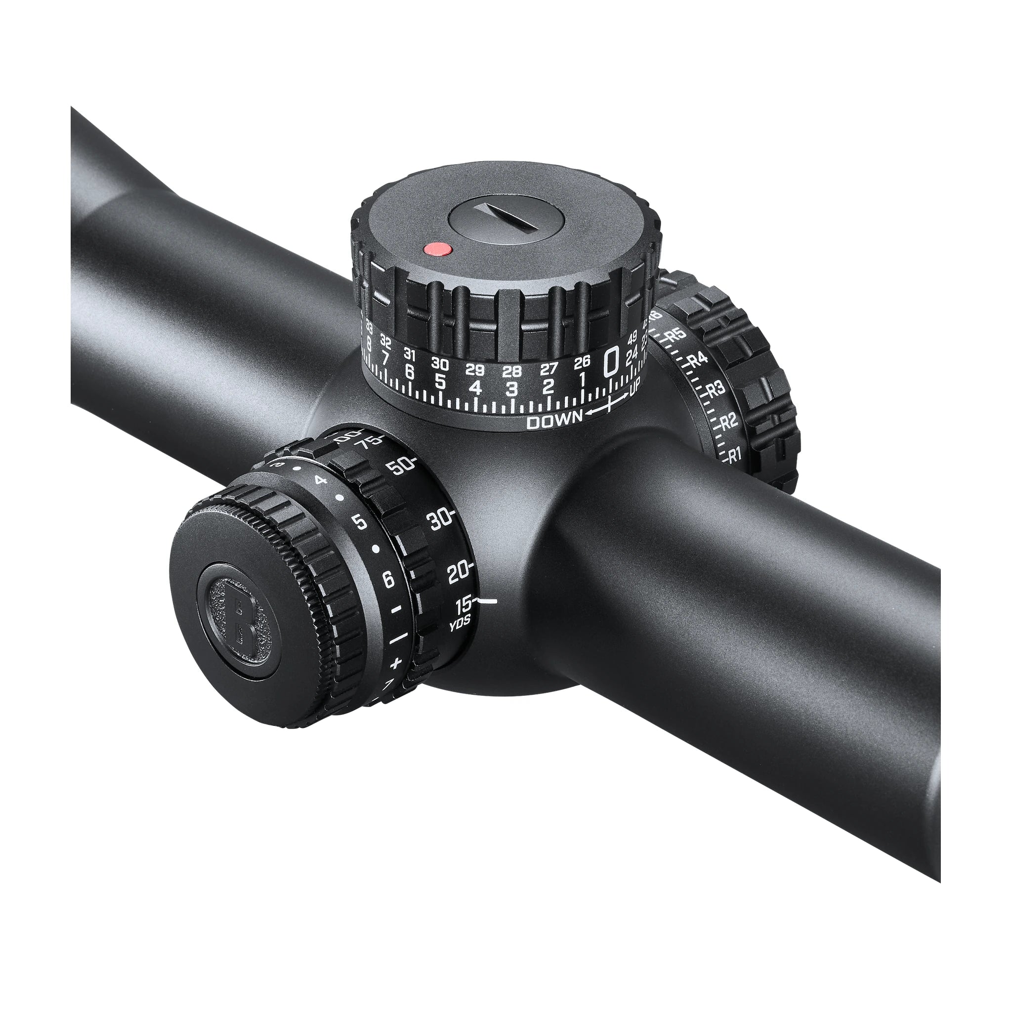 Bushnell Match Pro ED 5–30×56 – Detail von Parallaxenregler und MOA-Höhenturm