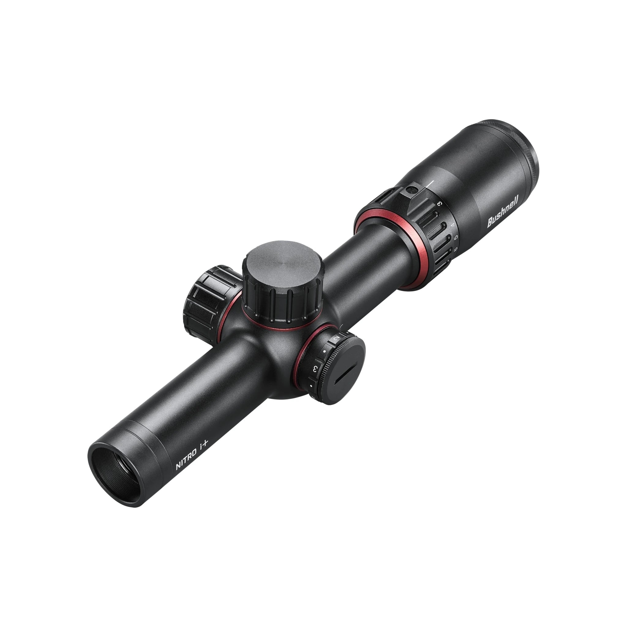 Bushnell Nitro RN1624BS9E 1–6×24 – Schrägansicht mit Beleuchtungsregler und abgedeckter Verstellung