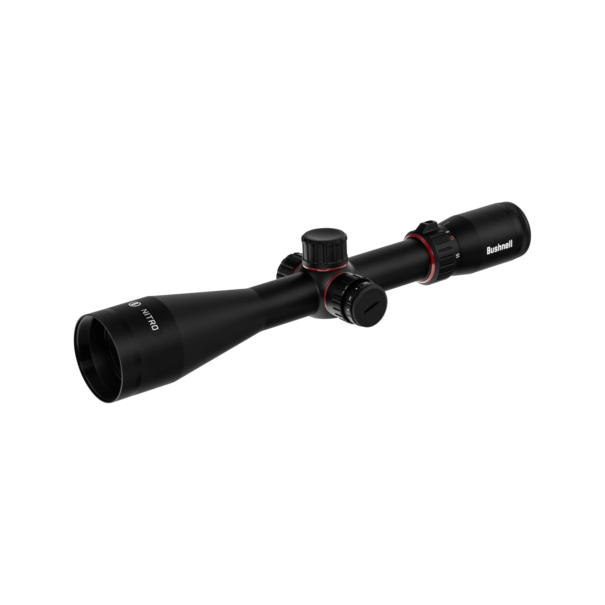 Bushnell Nitro 2,5–15×50 4AI – Schrägansicht mit Beleuchtungsregler und abgedeckter Verstellung