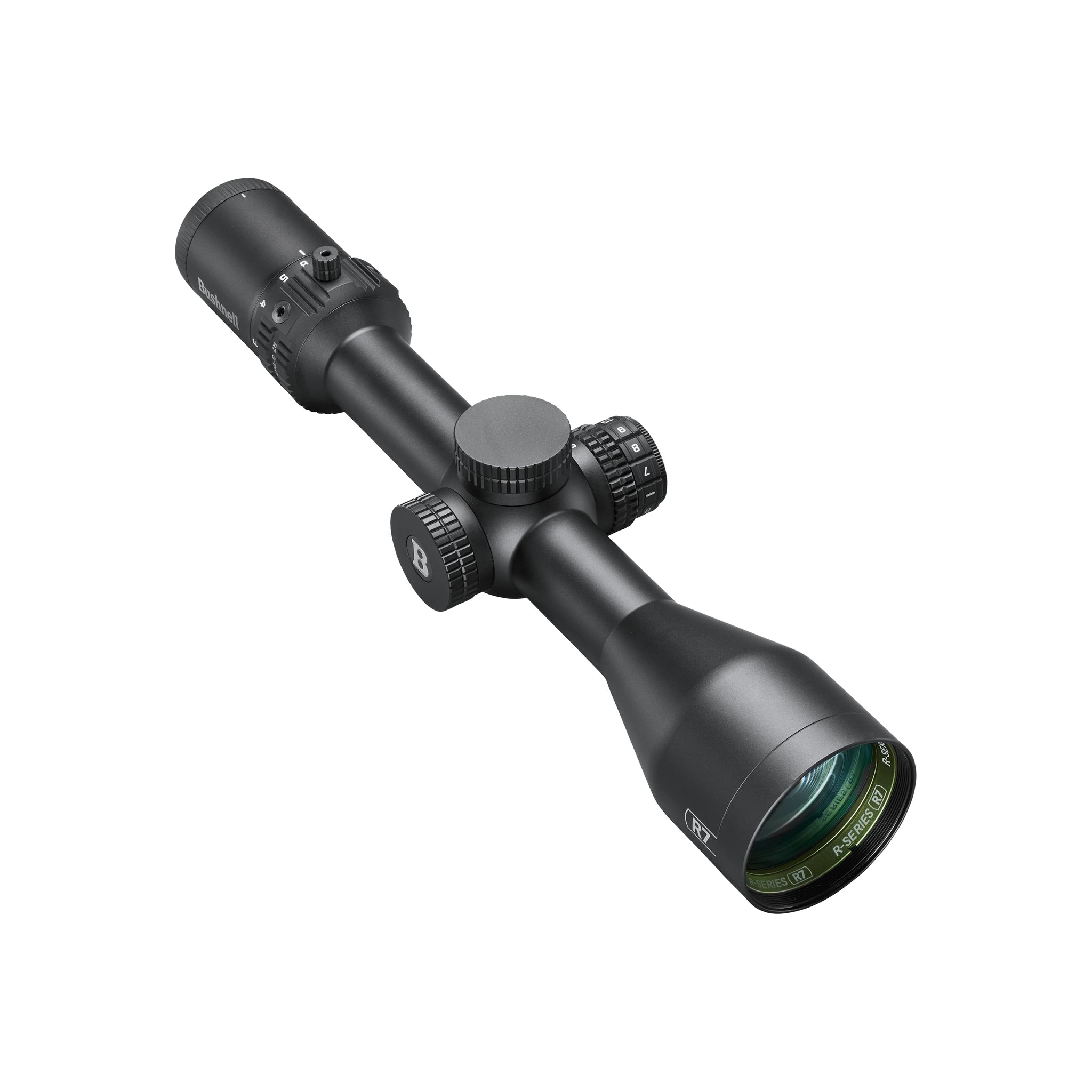 Bushnell R7 3–15×50 SFP Zielfernrohr mit abgedecktem Höhenturm in vollständiger schräger Ansicht