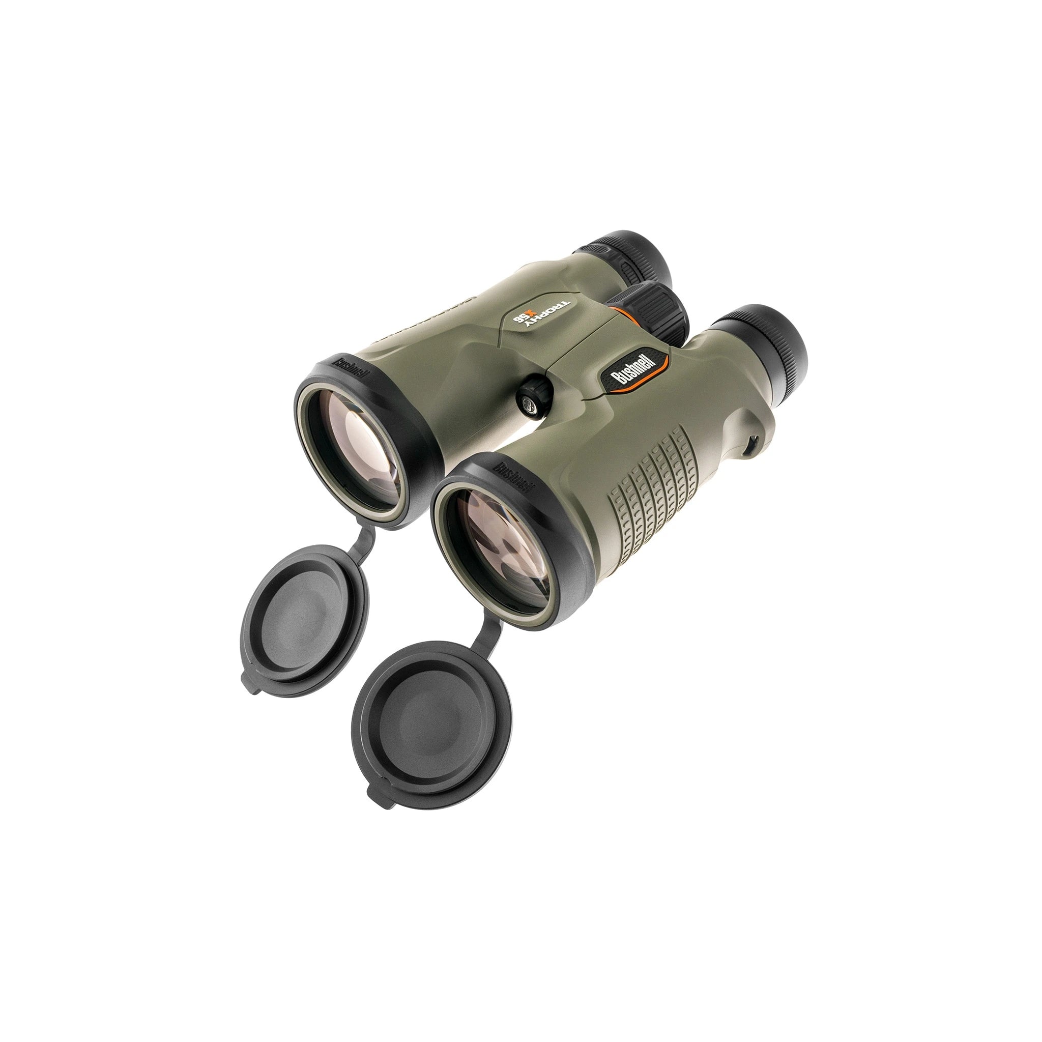 Bushnell Trophy Xtreme 8×56 Fernglas in Grün mit geöffneten Objektivdeckeln