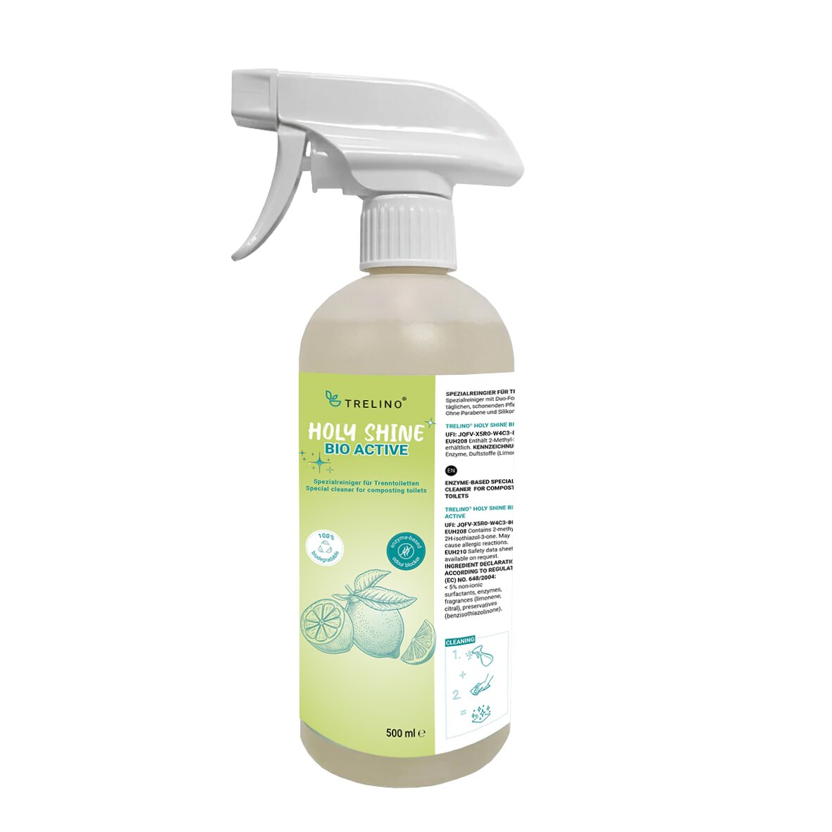Transparente Sprühflasche mit weißem Sprühkopf, beige Flüssigkeit, grünes Etikett mit Zitronen-Limettenabbildung und Holy Shine Bio Active