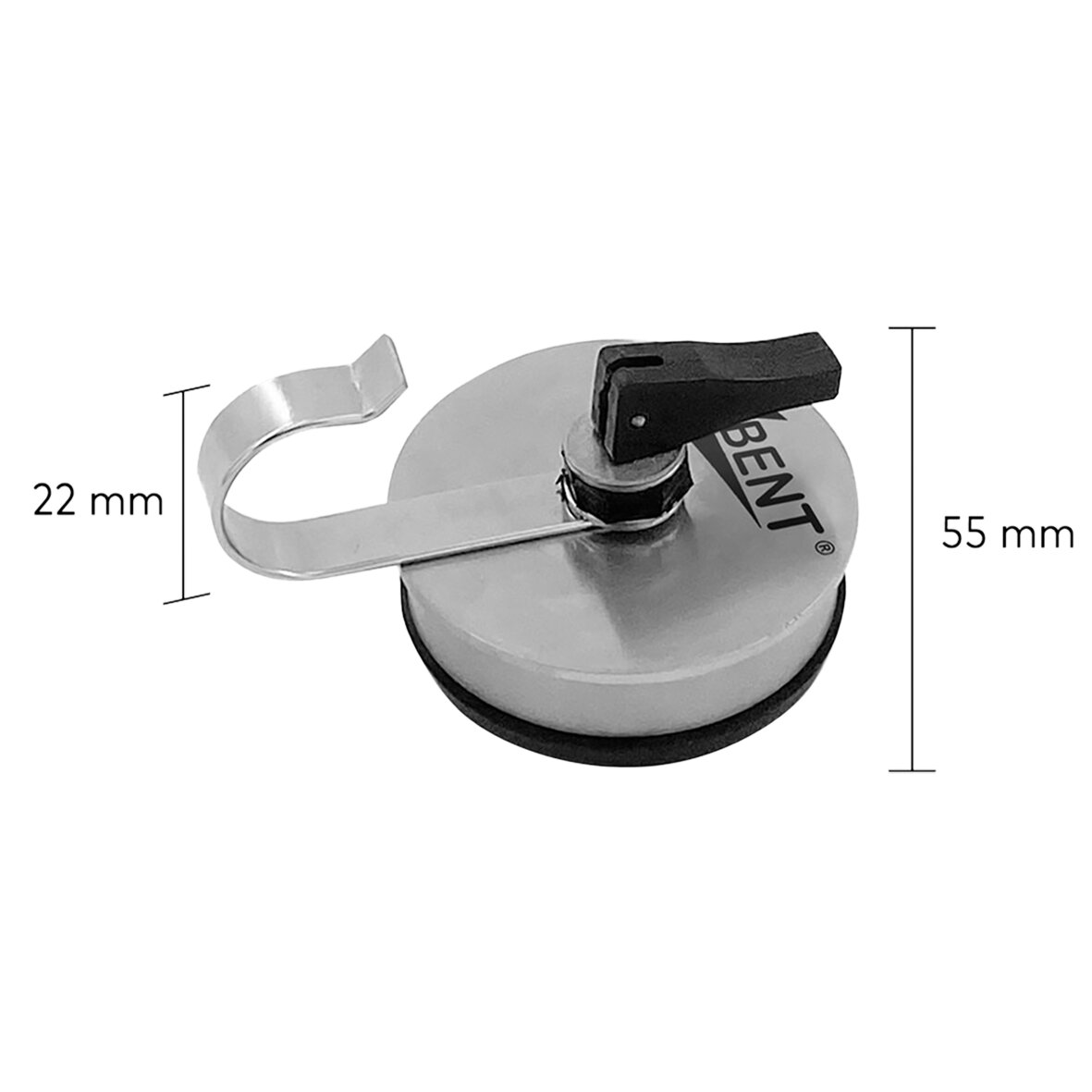 Runder Klappsauger mit schwarzem Hebel, seitlich eine gebogene Metallklemme, BENT-Aufdruck auf der Platte, Gummirand um den Saugnapf