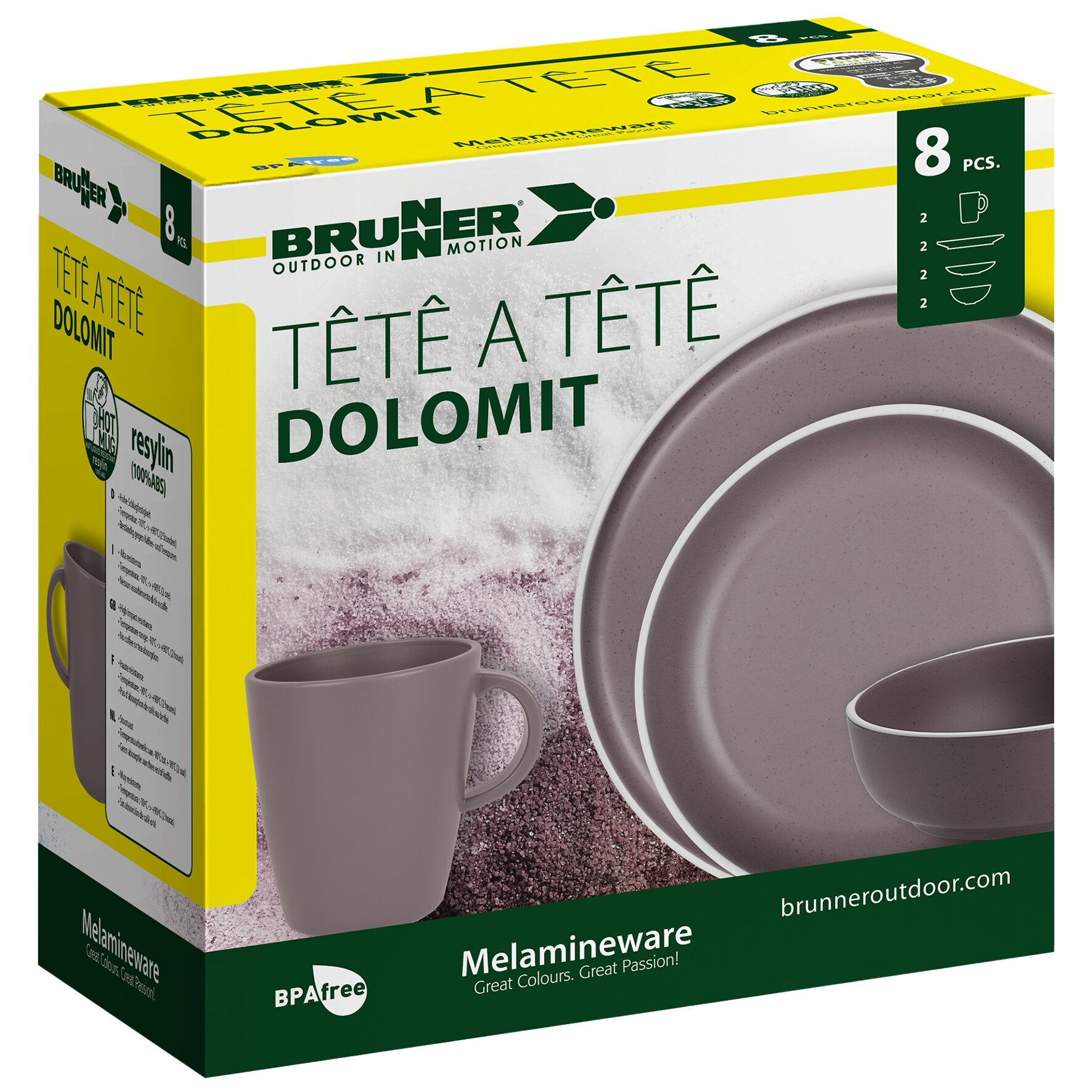 Verpackung eines Brunner 8‑teiligen Tête‑à‑Tête Dolomit Brombeer-Geschirrsets aus Melaminware, zeigt Teller und Becher in violettem Farbton
