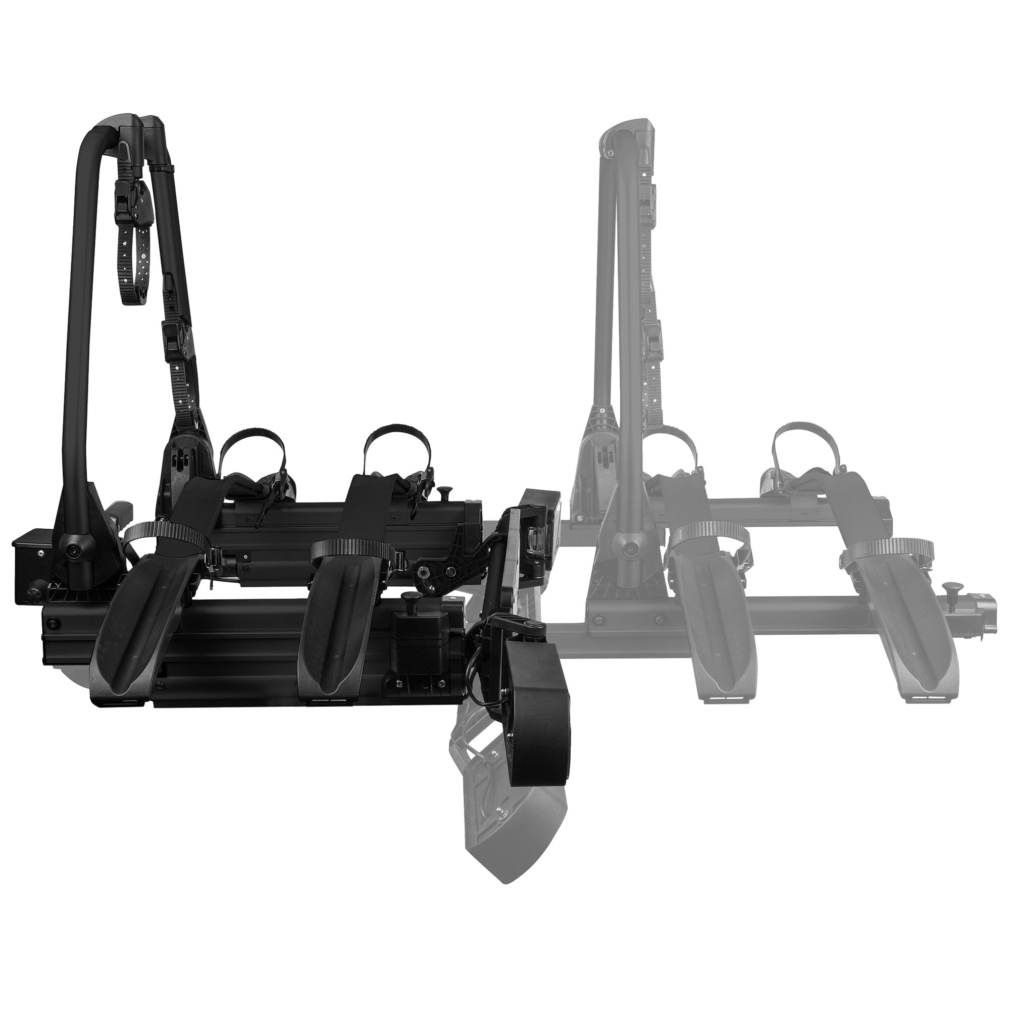 Schwarzer Fahrradträger mit Anhängerkupplung SD260, montiert, mit zwei Radhalterungen, verstellbaren Haltegurten und Spanngurten