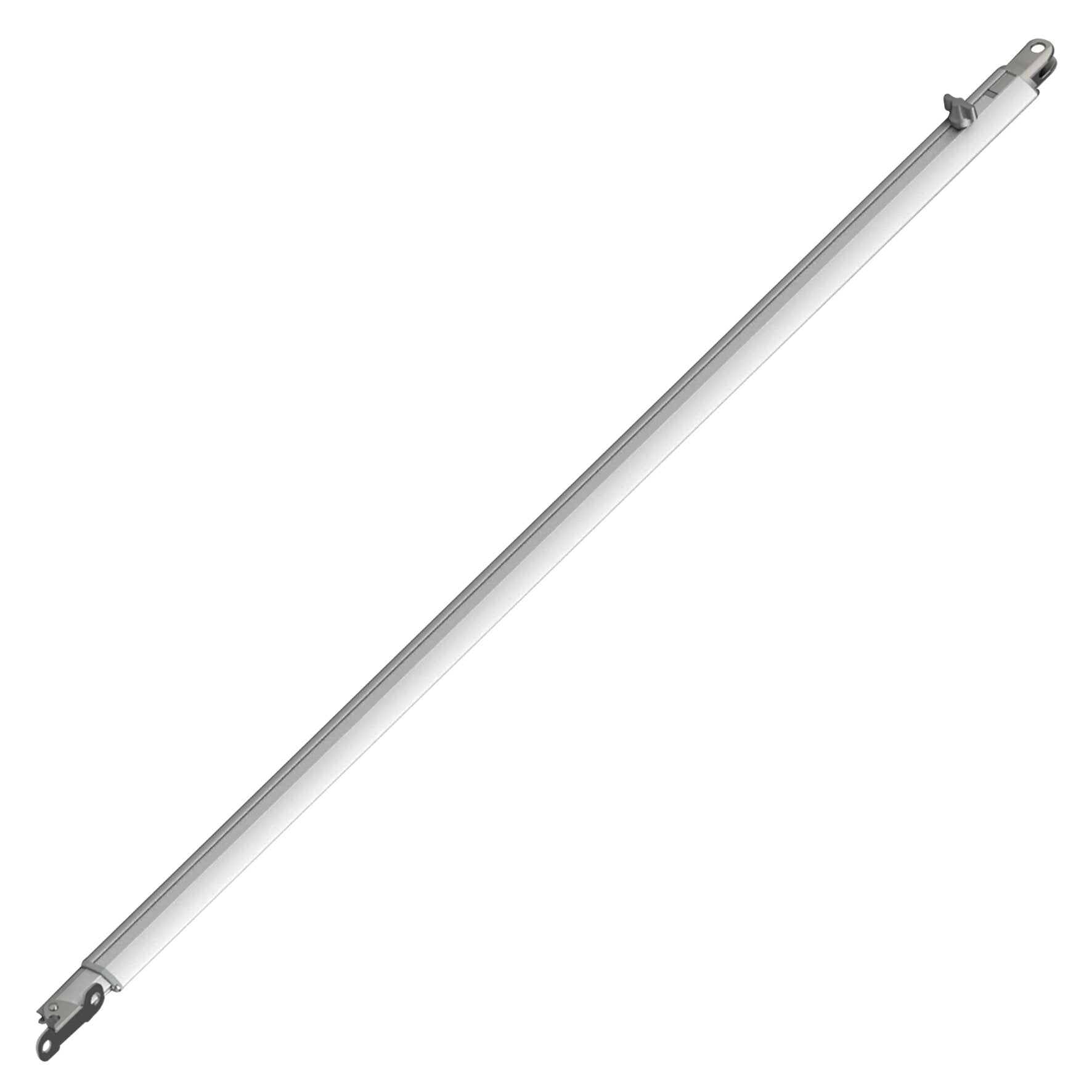 Diagonal verlaufende silberne Metallstange mit kleinem Klemmteil am unteren Ende und Befestigungsloch, oben rechts sichtbares Führungs- bzw Spannbauteil