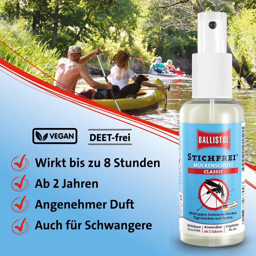 Kunststoff-Sprühflasche mit weißem Sprühkopf, Etikett Stichfrei Mückenschutz Ballistol; im Hintergrund paddeln Personen in Kajaks auf einem Fluss im Grünen