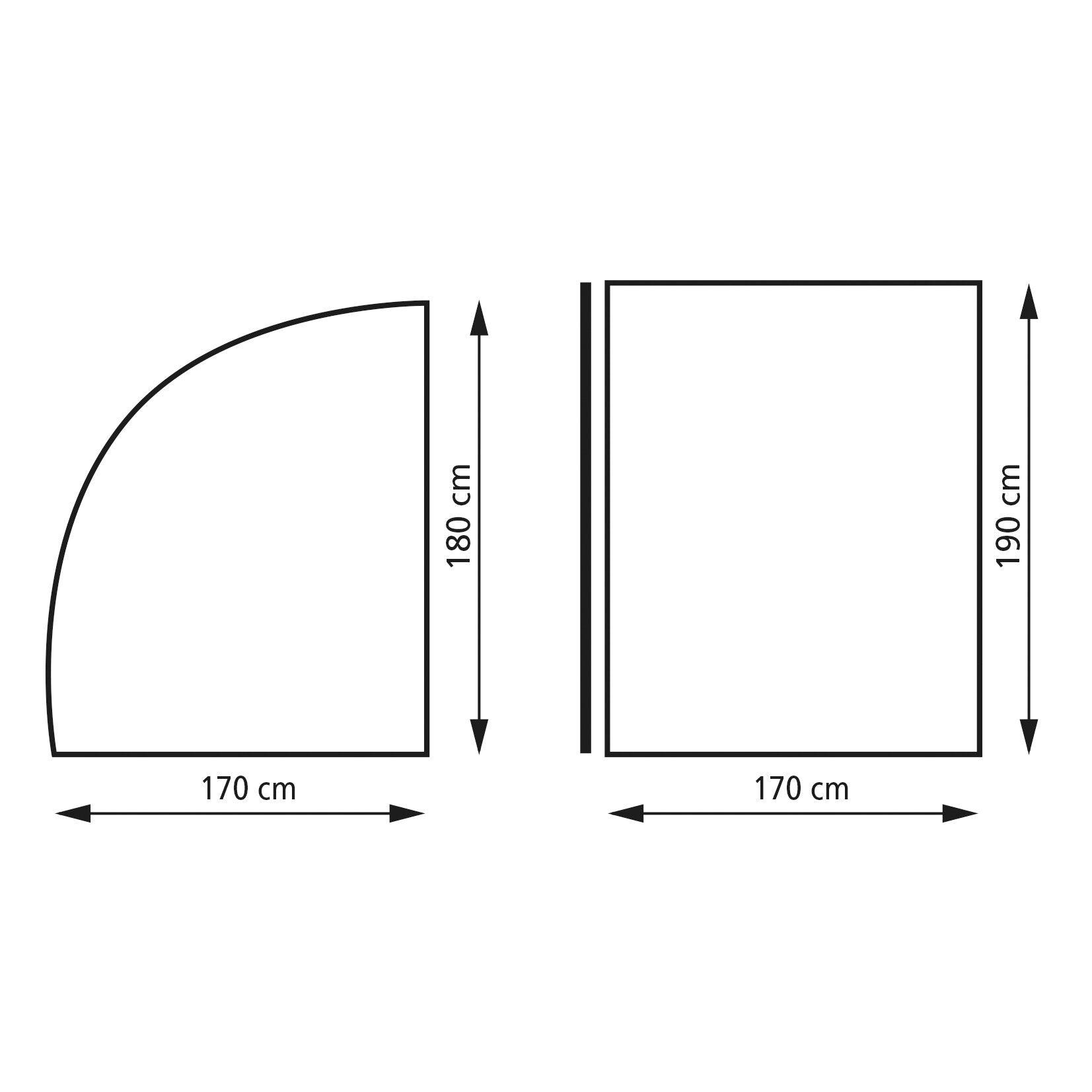 Skizze der Heckgarage Deluxe: linke Fläche mit abgerundeter Außenkante 170 cm breit x 180 cm hoch, rechteckiger Abschnitt 170 cm breit x 190 cm hoch