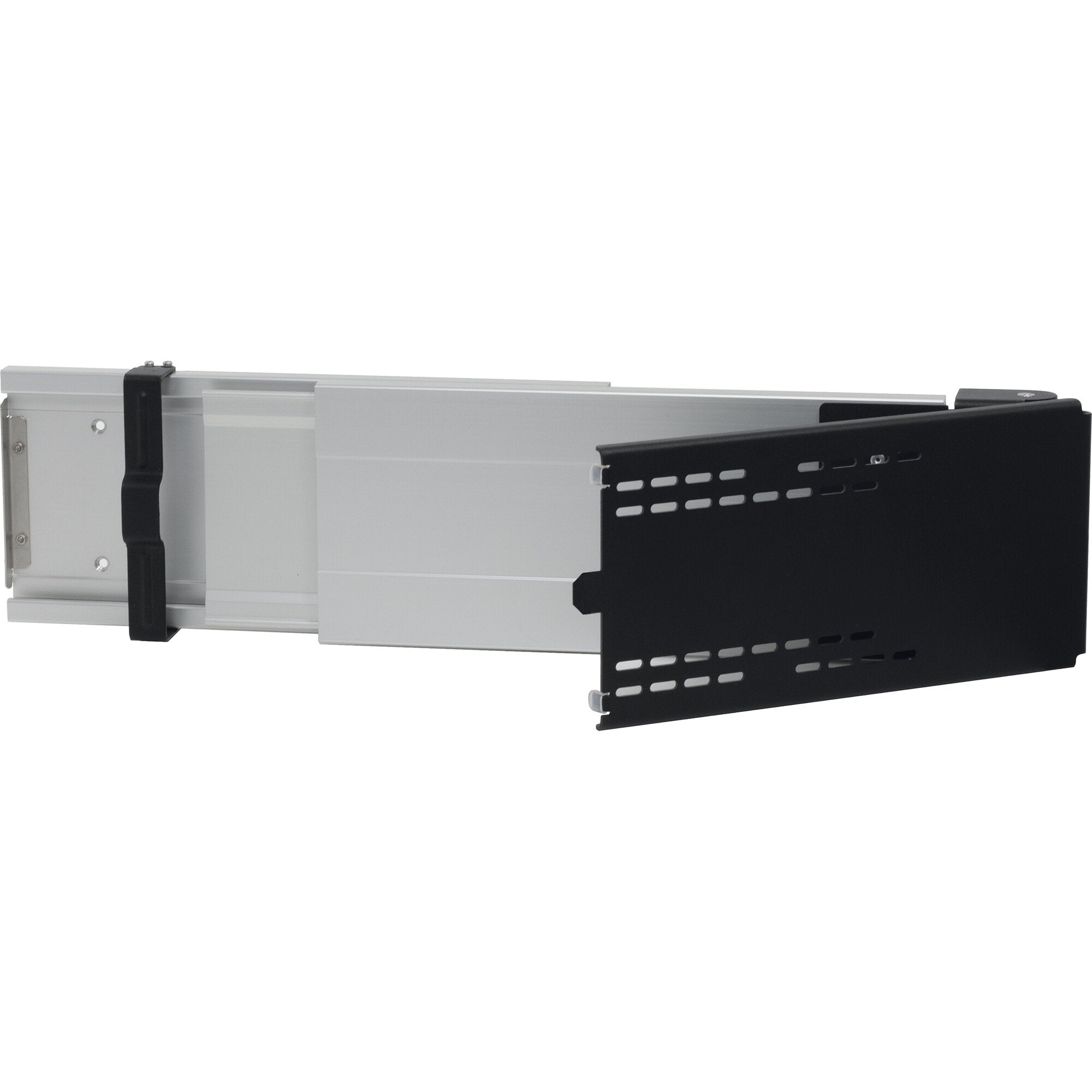 Seitlicher Auszug Flex CFA102L mit zwei parallelen Aluminium-Schienen, schwarzer Montagehalterung und perforierter schwarzer Frontabdeckung