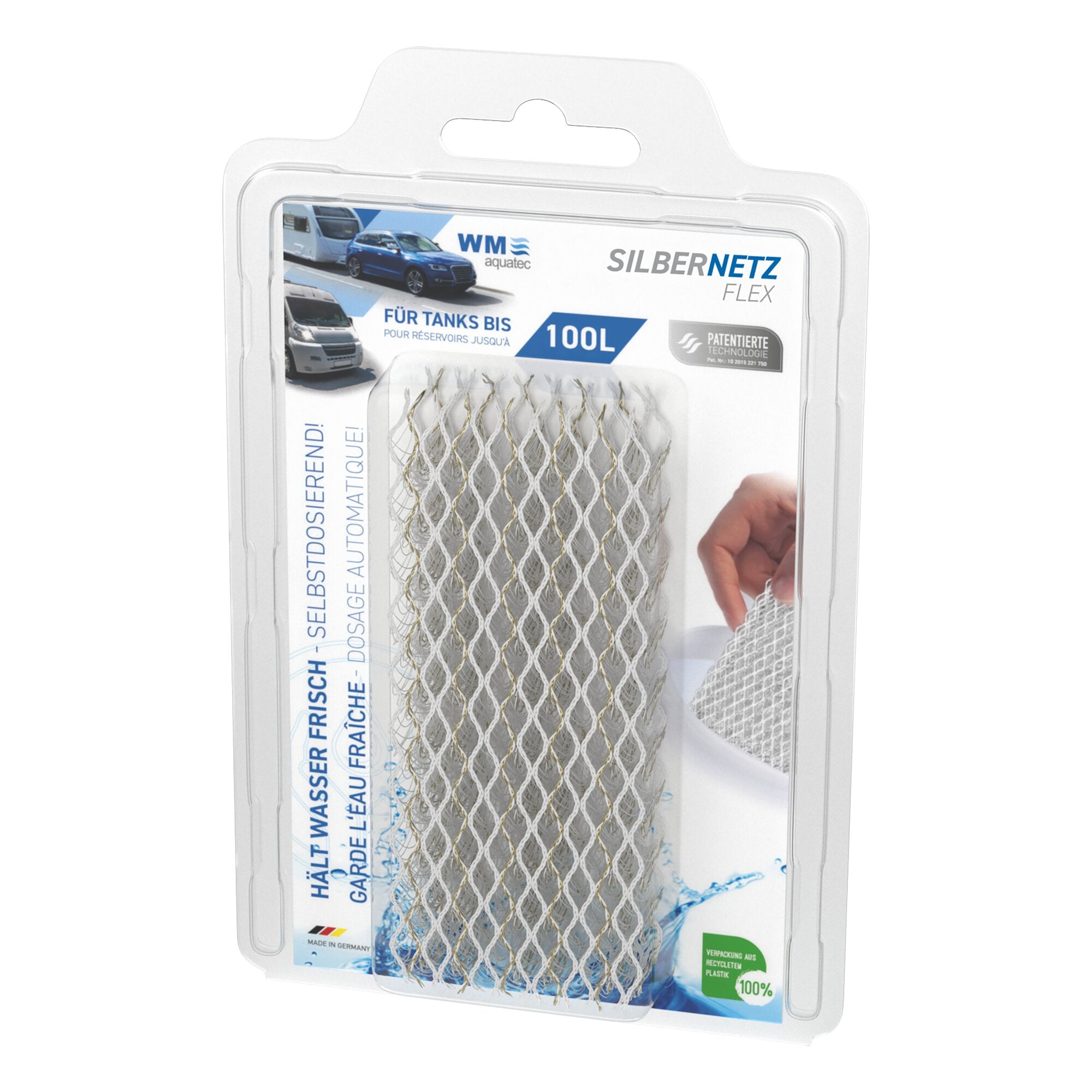 Transparente Verpackung mit silbernem Netzgewebe, SILBERNETZ FLEX, 100 L, WM aquatec; grüner Sticker: Verpackung aus recyceltem Plastik