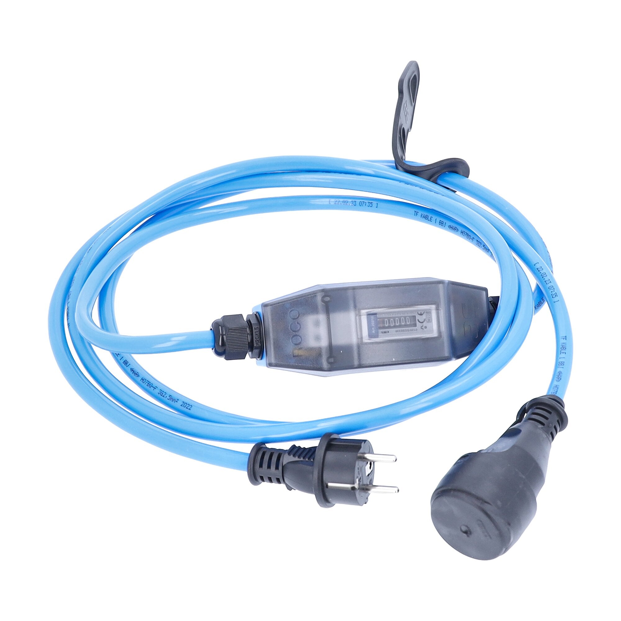 Stromzähler ROCO 1 MID mit 230 V inline-Messgerät im transparenten Gehäuse an blauem Kabel mit Schuko-Stecker und Kupplung