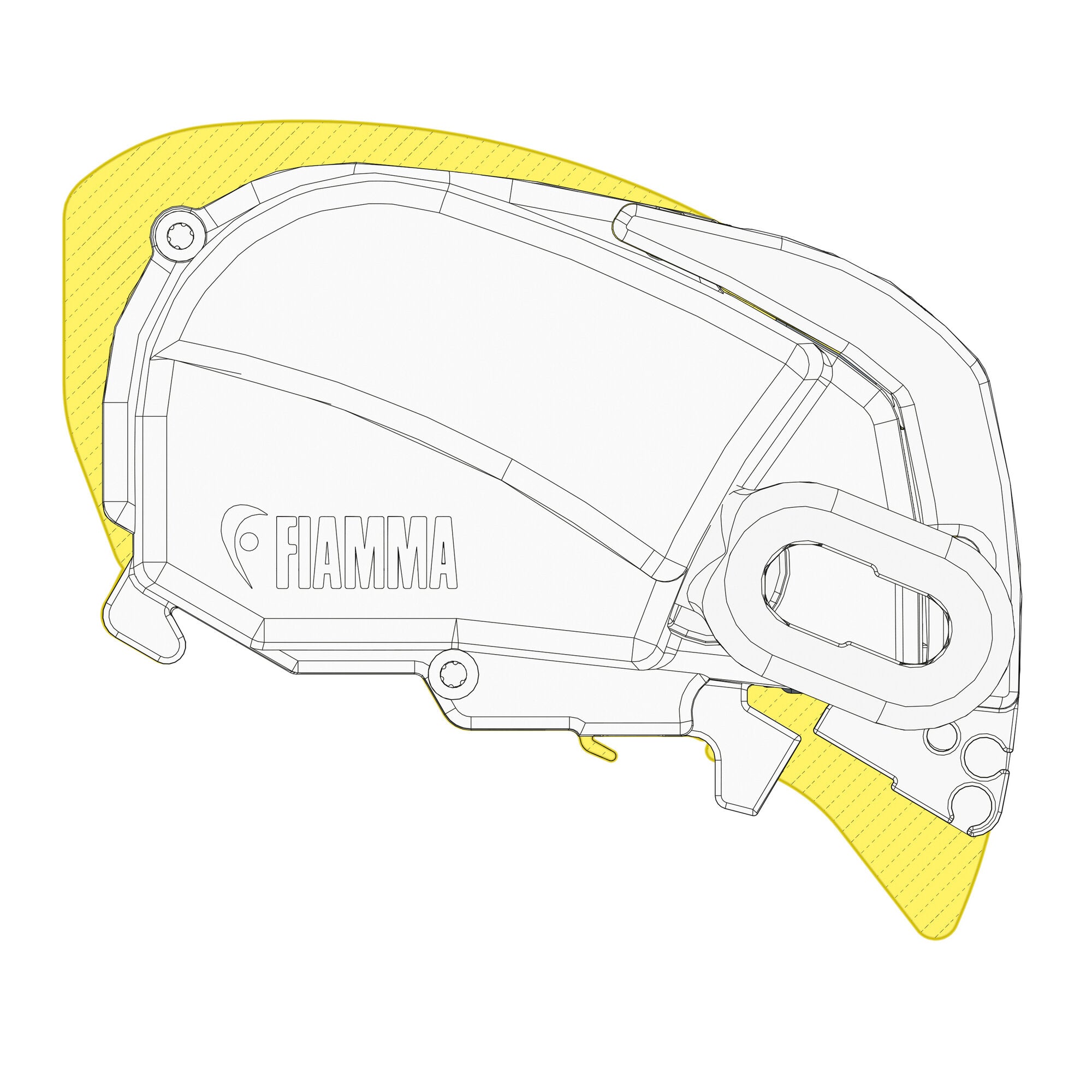 Detailzeichnung einer Markise F80 mit Gehäuse und Armmechanismus, FIAMMA-Logo sichtbar, gelbe Markierungen entlang der Kanten