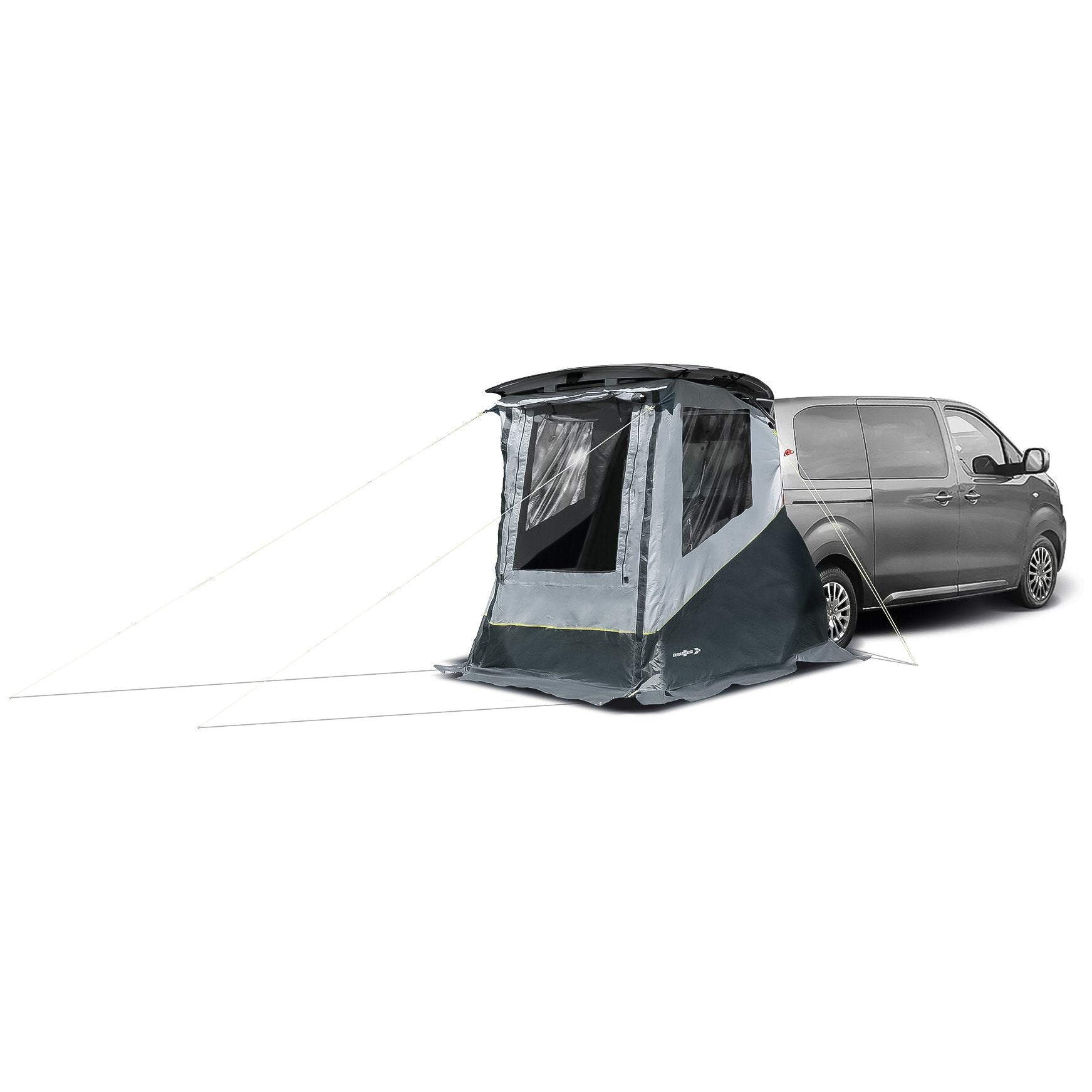 Heckzelt Escape am Heck eines grauen Vans, geöffnetes Zelt mit seitlichen Fenstern, Abspannleinen zum Boden und dunkler Basis