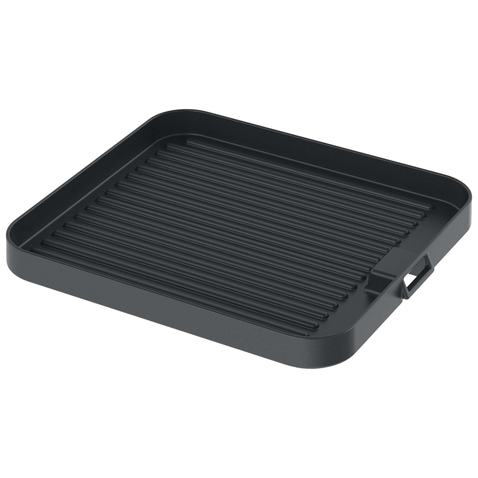 Schwarze rechteckige Grillplatte mit gerippter Oberfläche, abgerundeten Ecken und flachem Rand, Detailaufnahme der Oberseite
