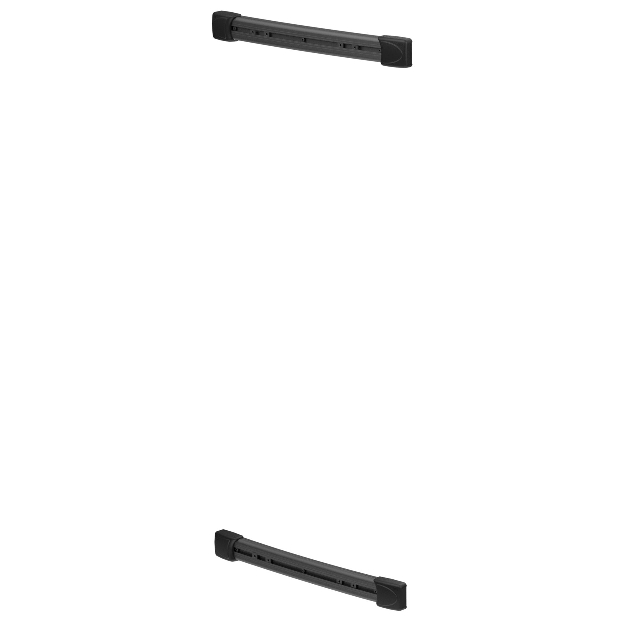 Zwei schwarze Querstangen mit flachem Profil, abgerundeten Endkappen und sichtbaren Befestigungslöchern, Teil des Kit Bars Deluxe für VW Crafter Gen. 2