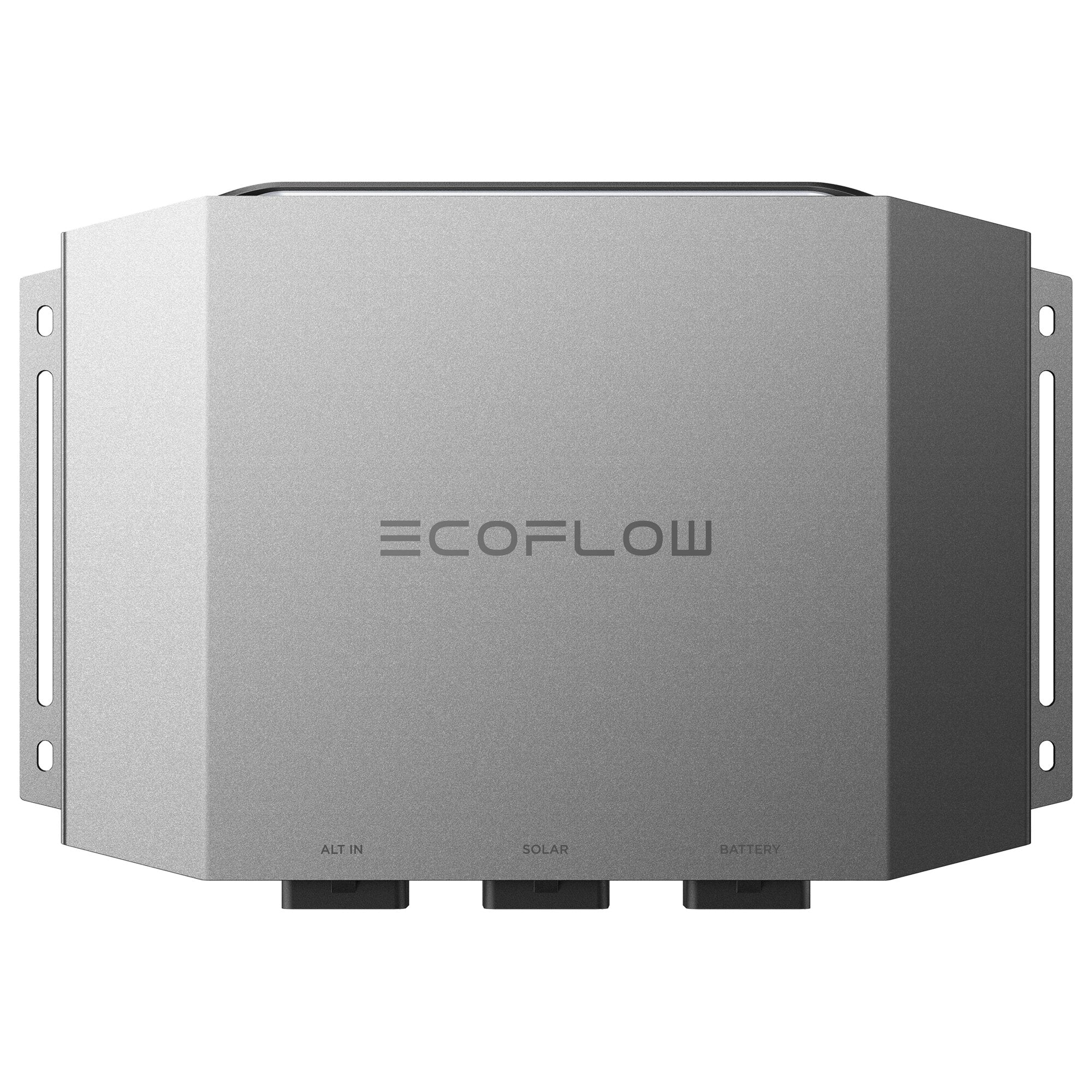 Grau metallischer rechteckiger Batterieladegerät‑Block mit seitlichen Montageschienen und drei unteren Anschlüssen, Front ALT IN SOLAR BATTERY ECOFLOW sichtbar