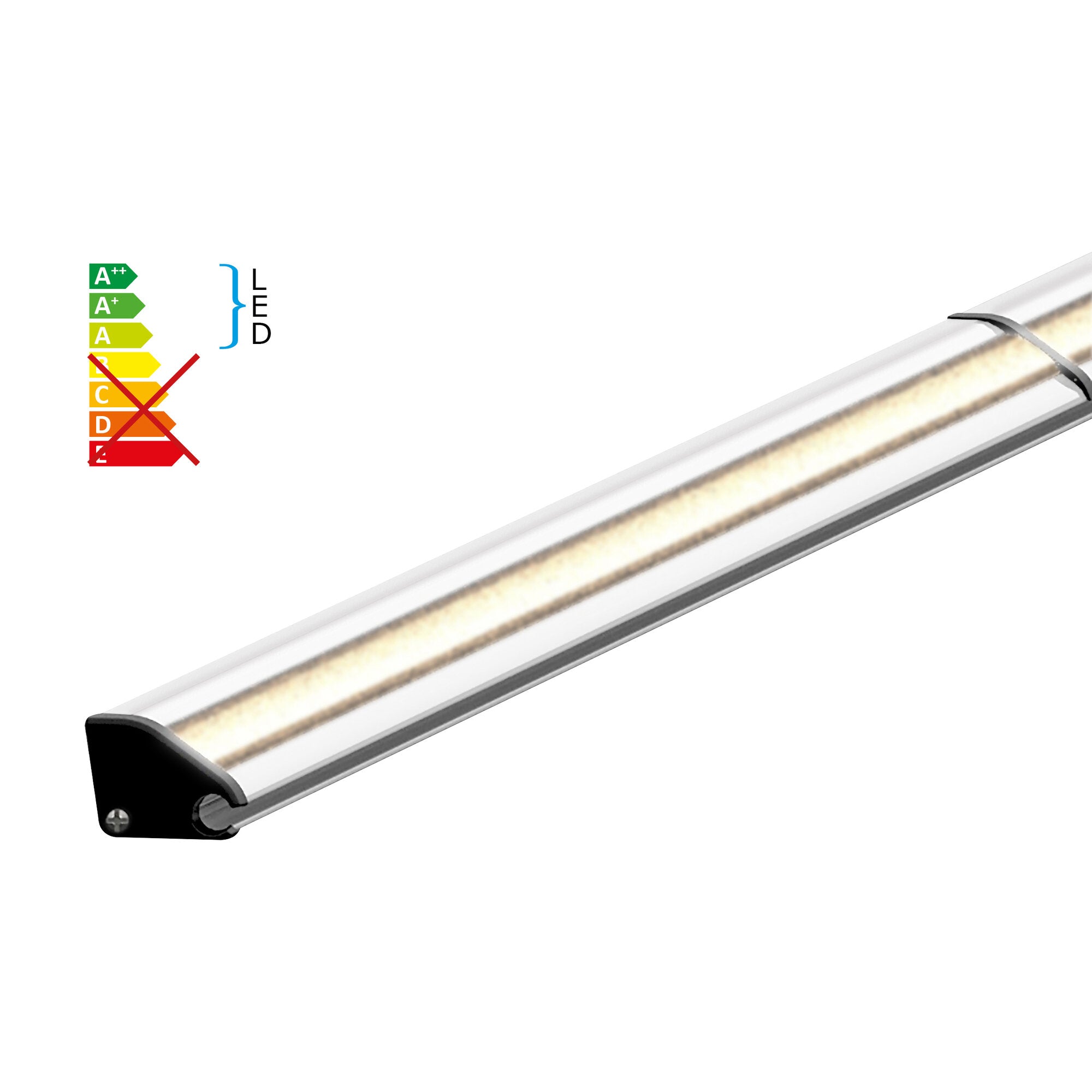 LED-Streifen mit silbernem Metallgehäuse und schwarzer Endkappe, lange Lichtleiste; links sichtbare Energie-Skala A++ bis E mit rotem Kreuz
