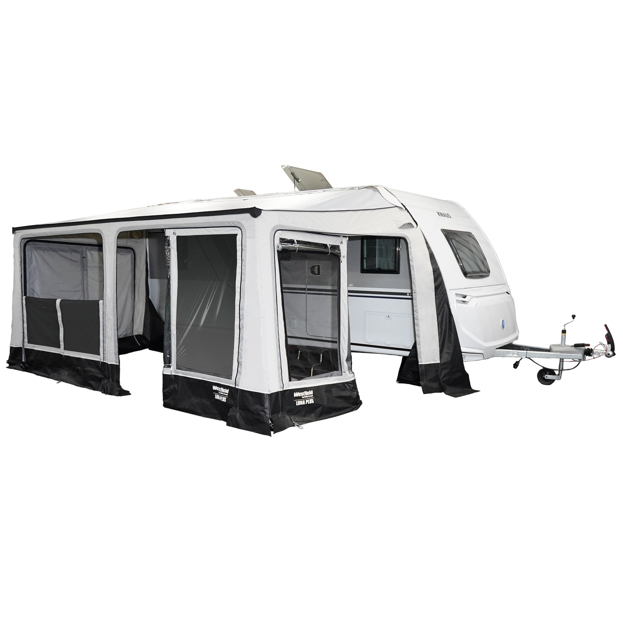 Seitenansicht eines weißen Caravans mit angelegtem Markisenzelt Luna Plus, großen Fenstern, schwarzen Bodenschürzen und Westfield Luna Plus Logo