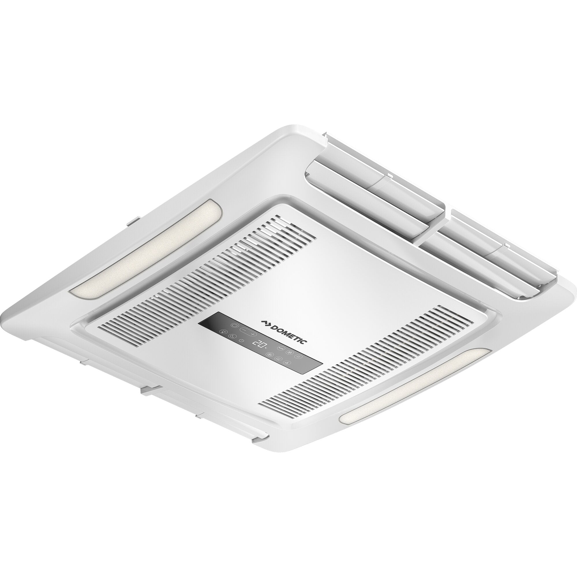 Weiße Luftverteiler-Einheit für Klimaanlage mit Bedienfeld, Lüftungsgitter und seitlichen Auslässen; Dometic-Logo sichtbar