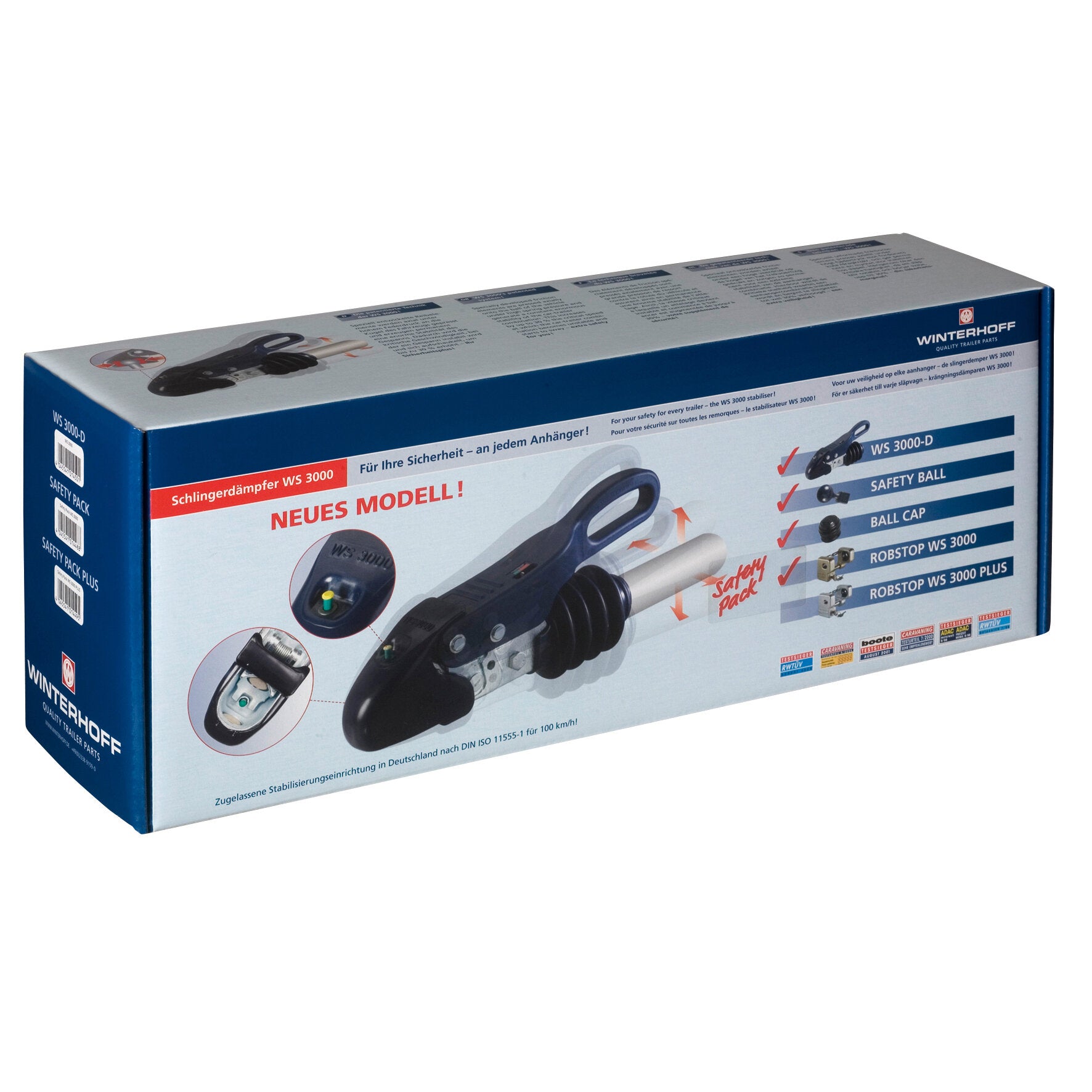 Verpackung einer Kugelkupplung Safety Pack WS 3000 mit Schlingerdämpfung und Robstop; Hauptabbildung des Kupplungsteils auf einer blau-weißen Box mit rotem NEUES MODELL