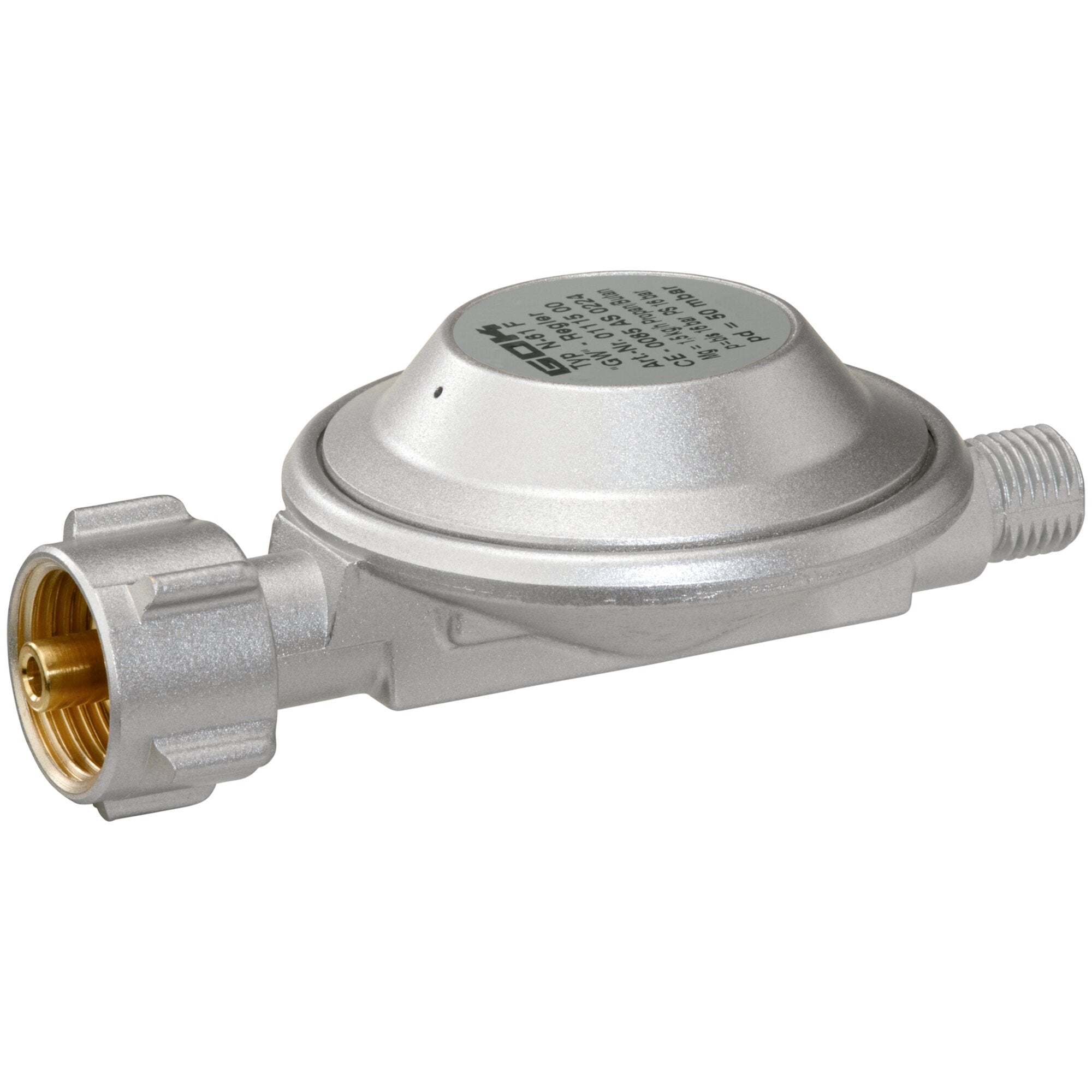 Gasregler aus Metall mit rundem Oberteil und seitlichem G1/4 LH-KN Gewindeanschluss, Beschriftung auf dem Deckel sichtbar