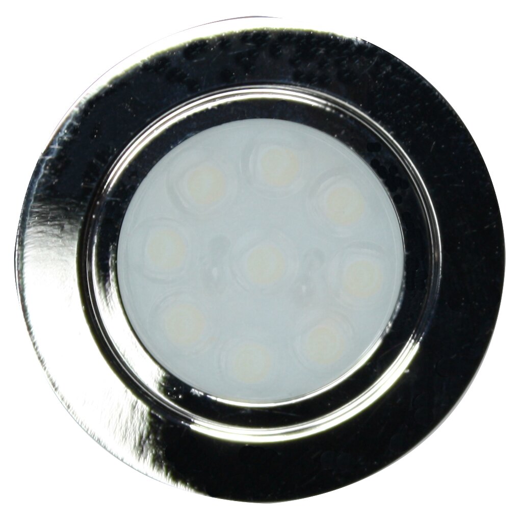 Runder Mini-Einbauspot mit silbernem Rahmen und milchigem Diffusor; dahinter sind mehrere LED-Chips sichtbar